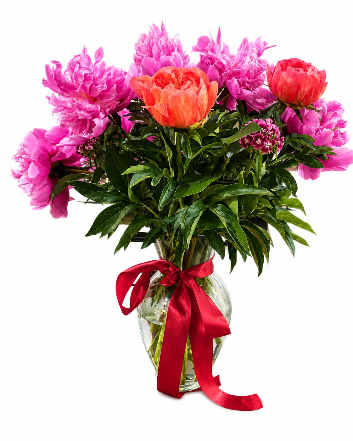 Peony Serenade - Bright, elegant, and full of charm, this luxurious floral arrangement is designed to make any occasion unforgettable. Featuring a stunning mix of lush pink peonies and vibrant coral peonies, this bouquet is beautifully arranged in a clear glass vase.