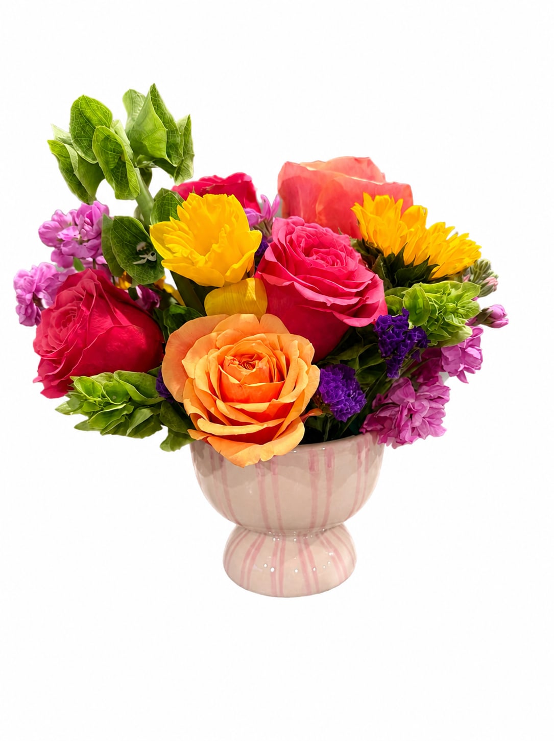Seaside Petite 4.75"x 4" - Whether celebrating spring, Mother's Day, or any time of year, the petite ceramic Robbi Compote brings dimension &amp; a bit of color to a centerpiece. Featuring a watercolor hand painted application of imperfect purple double line stripes from foot to rim. Flowers are designer's choice. 