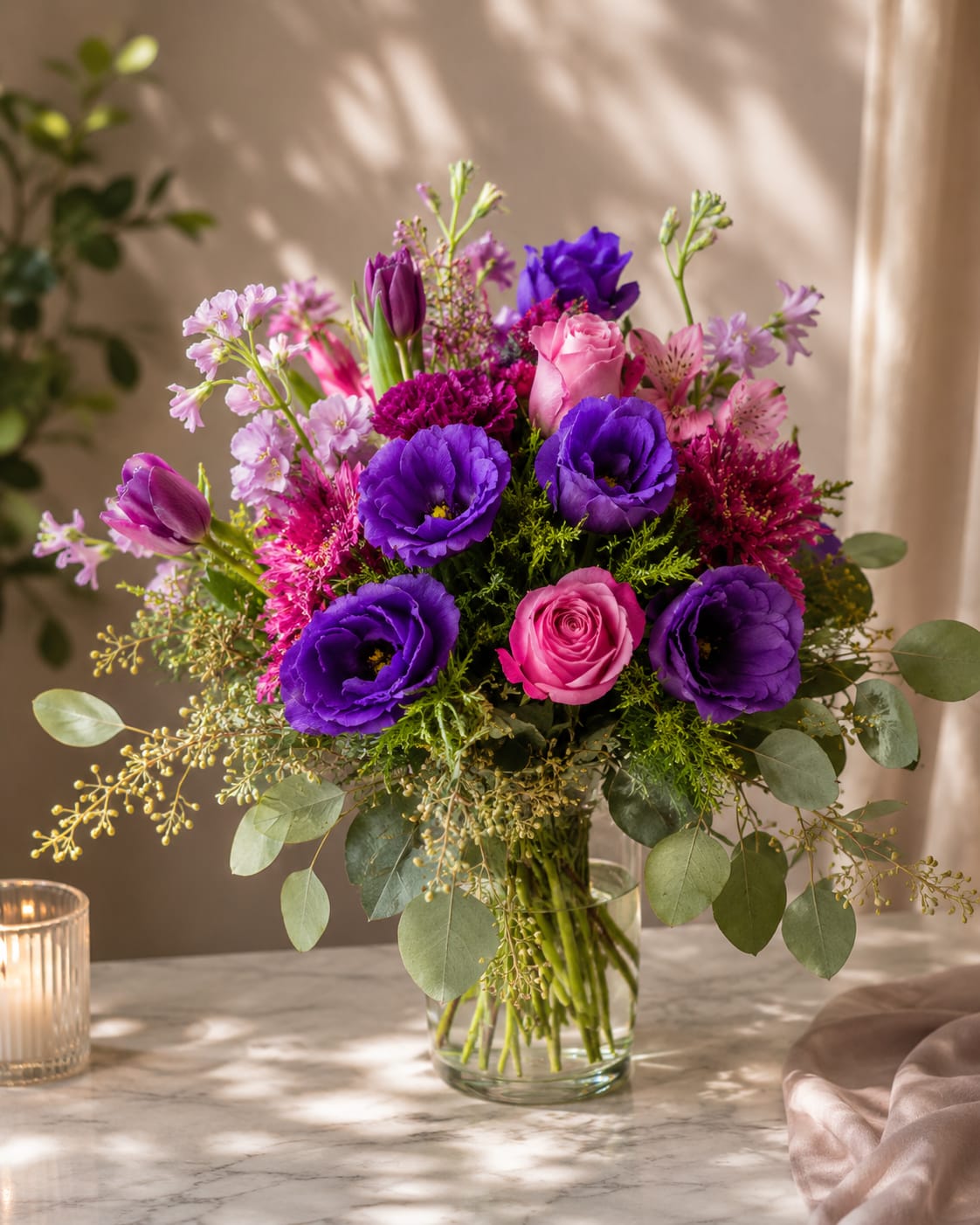 Purple and pink bouquet in a clear glass vase