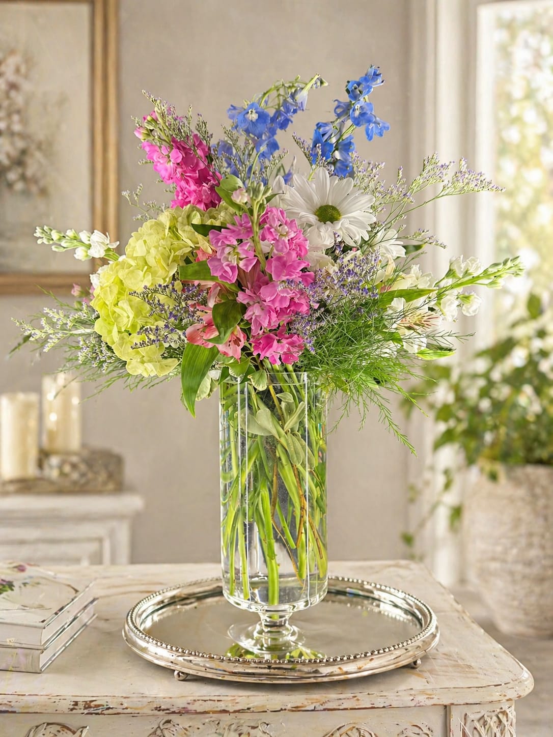 Sunshine bloom - Bright, airy and decidedly joyful - this Sunshine bloom flower arrangement brings pink stock, sky-blue delphinium, and white daisy-like blooms together in a garden-style display perfect for a birthday bouquet, springtime celebration, or a cheerful wedding centerpiece. The tall, romantic silhouette and lively color mix make the person you're thinking of feel noticed and celebrated the moment it arrives.  Pale green hydrangeas anchor the design while delphinium spikes and soft pink stock add height and graceful movement; fine-textured filler weaves through the arrangement for a loose, natural look. Presented in a clear glass vase set on a silver tray, the palette of pink, blue, white and yellow-green reads fresh and elegant without feeling formal.  This piece suits mantel displays, reception tables, or as a bright pick-me-up for someone special - it's the kind of bouquet that looks effortless and thoughtfully composed. The tall vase gives the flowers room to breathe; to keep them looking their best, change the water every few days and trim stems at an angle when refreshing the arrangement.   If any design elements are of major importance to your order, please include them in the florist instructions at checkout or contact us to ensure availability.