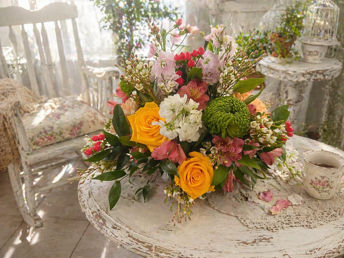 Touch of sunshine - Two sunny yellow roses anchor a fresh, garden-style bouquet that feels like a warm morning-perfect as a birthday bouquet, a cheerful everyday gift, or a spring celebration arrangement. The mix of yellow, pink, and green reads bright and optimistic so the person you're thinking of will feel noticed and uplifted the moment it arrives.  This loose, layered design pairs roses with chrysanthemums, alstroemeria, stock, and other seasonal blooms, accented by small berry-like fillers for added texture and movement. The palette of soft pinks, whites and chartreuse greens creates a vintage-romantic vibe while remaining lively and modern; the arrangement has a full, natural silhouette that looks lovely on a dining table or mantel.  Send this to brighten someone's day, say happy birthday, or mark a small victory-it's an effortless way to make them feel celebrated. Standard care: keep stems trimmed and fresh water in the vase, and place away from direct heat or drafts to extend freshness.   If any design elements are of major importance to your order, please include them in the florist instructions at checkout or contact us to ensure availability.