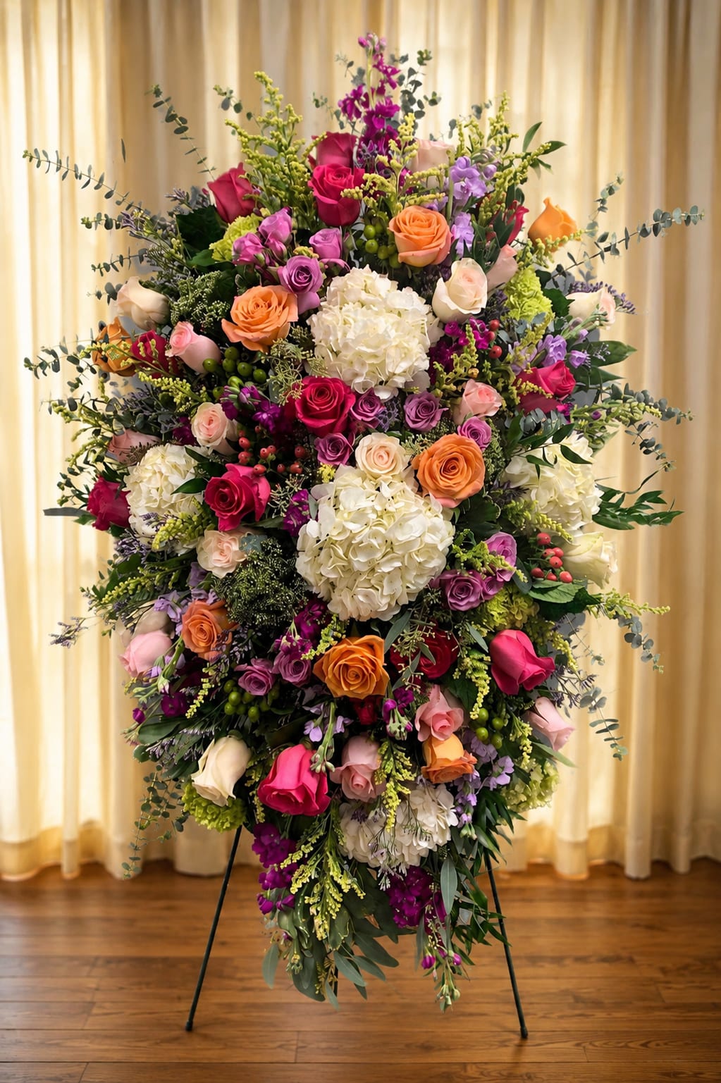 Whisper of love - A large, layered standing spray that reads as both celebratory and respectfully reverent-perfect as a sympathy arrangement or a memorial tribute. Memories pairs roses and hydrangeas with airy stock and branching accents in vivid pink, purple, orange and white to create a tall, expansive silhouette that honors a life while offering comfort to the person you're remembering.  Dense clusters of saturated roses and soft hydrangea heads form the core, while stock and delicate filler lend height and movement; the result is a polished, ceremonial composition with romantic texture and high visual impact. Mounted on a metal easel, this arrangement arrives ready to display at a service or graveside, its mix of saturated and pastel tones conveying warmth, celebration, and gentle remembrance.  Choose Memories when you want the recipient to feel genuinely seen and supported-whether marking a formal memorial or leaving a heartfelt tribute. The standing format and easel make placement simple; for best longevity, keep the arrangement sheltered from extreme heat and follow any venue instructions for display.   If any design elements are of major importance to your order, please include them in the florist instructions at checkout or contact us to ensure availability.