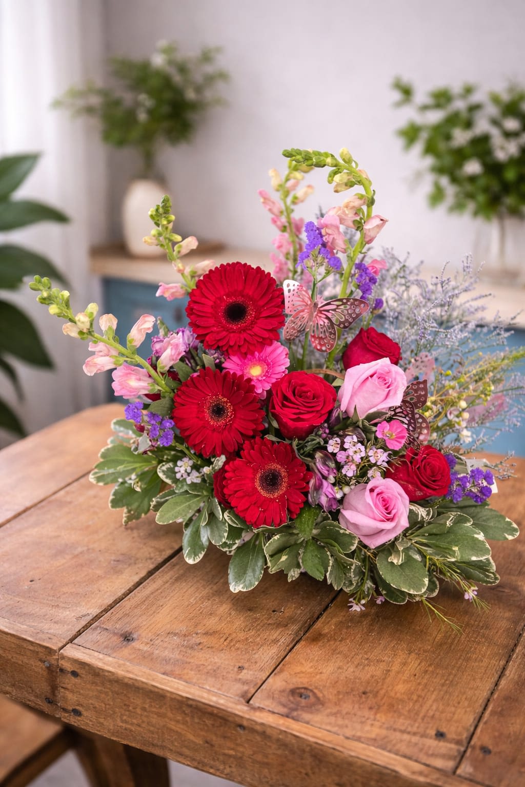 Romantic Whisper - Bright red gerbera daisies and a mix of red and pink roses create an immediate impression of warmth and romance in this birthday and anniversary bouquet, perfect for expressing love and appreciation. The garden-style composition feels both intimate and joyful-the kind of arrangement that makes the person you're thinking of feel truly celebrated, whether for a milestone, a thank-you, or a spontaneous "just because" moment.  Pink snapdragon spikes add height and graceful movement above a low, full cluster of blooms, while small purple filler flowers and variegated foliage soften the palette and add texture. Decorative butterfly picks tuck into the stems for a whimsical finishing touch. This arrangement arrives ready to display in a low vase; regular fresh water changes and trimming stems slightly every few days will keep the flowers looking their best.