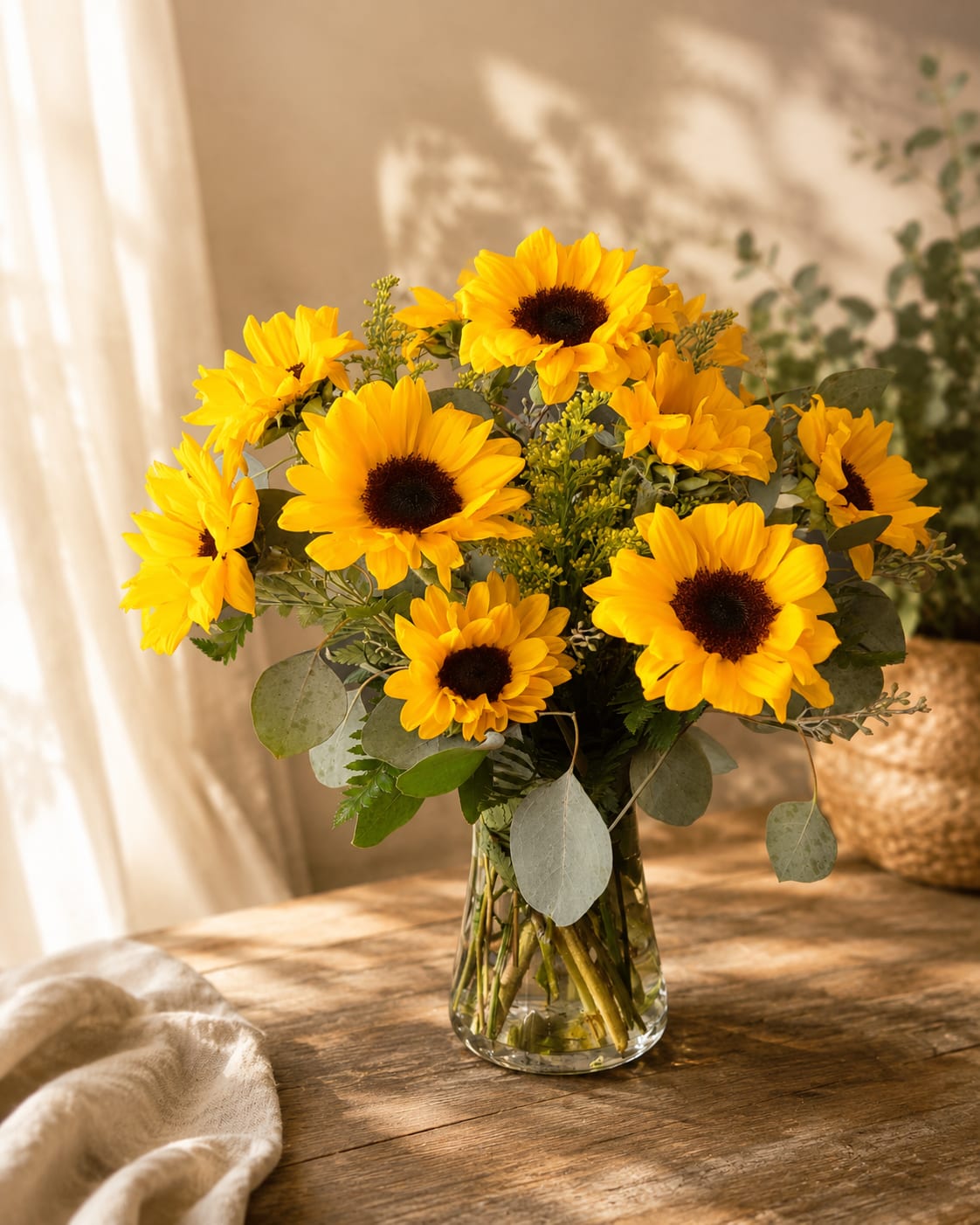 Bouquet of yellow sunflowers in a clear glass vase