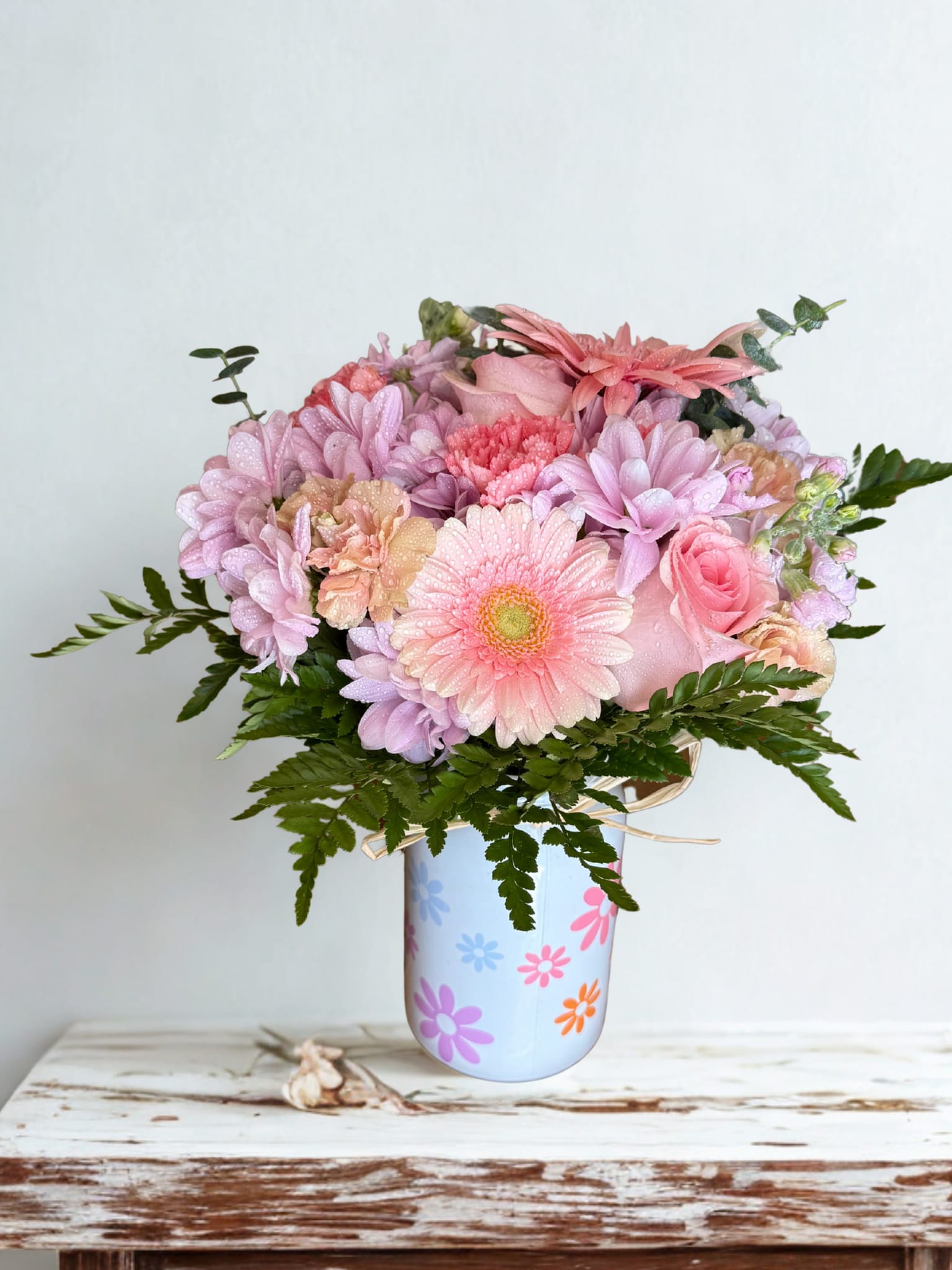Lovely Arrangement  - Flower arrangement with pink roses, pink gerbera, carnations and stock