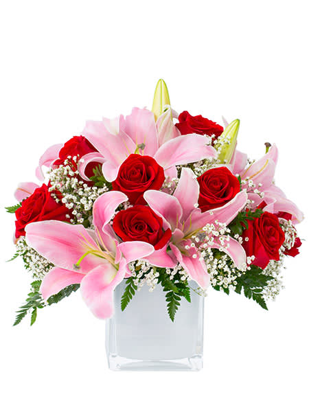 Low pink lily and red rose arrangement with white filler flowers in a square white glass vase
