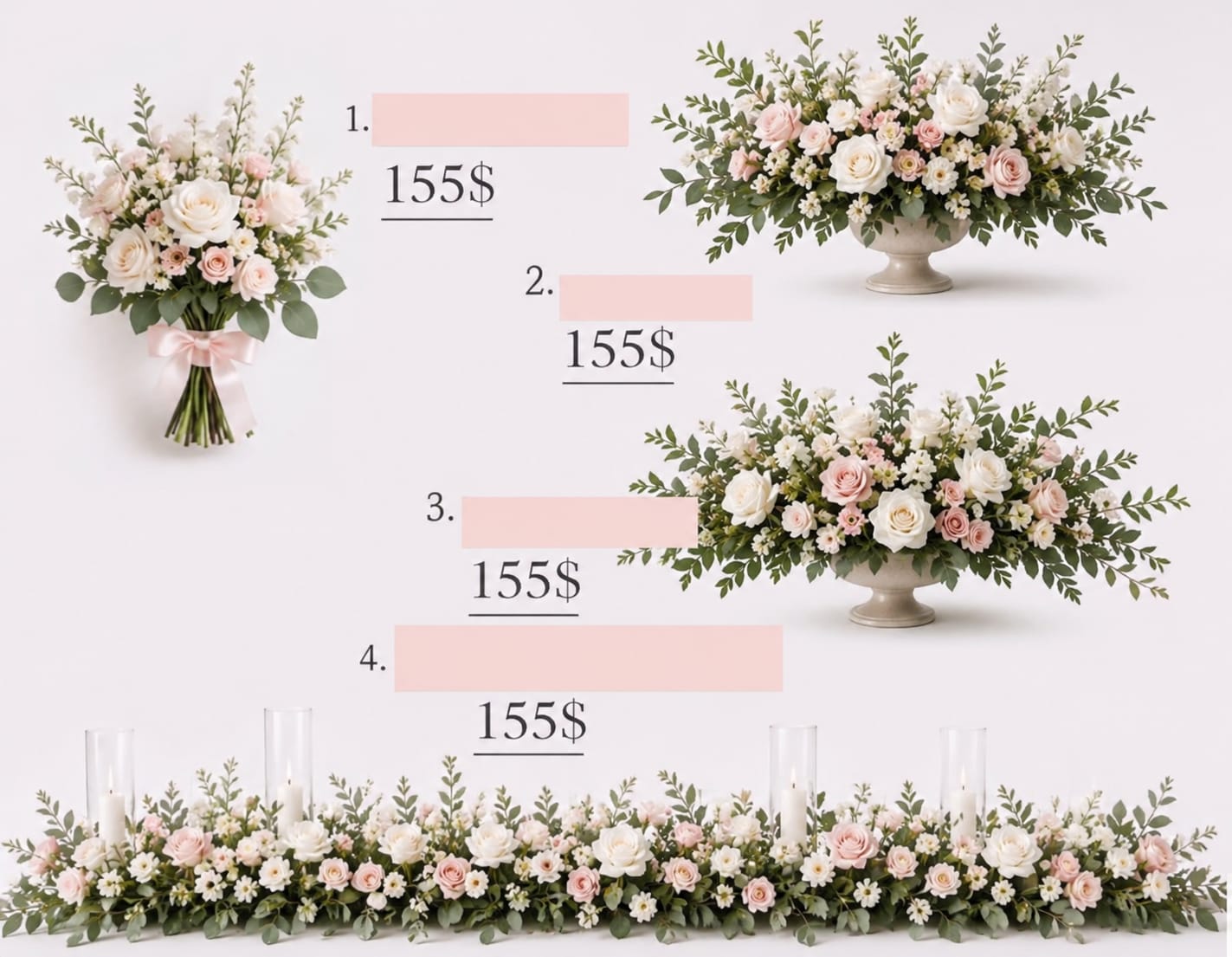 Elegant Church Floral Designs In White and Green - Soft blush roses and cream blooms mingle with daisy-like filler flowers and wispy greenery to create a romantic church floral arrangement perfect for a wedding or formal ceremony. This wedding floral set - ideal for aisle decoration, altar accents, or reception styling - brings a gentle, classic mood that makes the person you're honoring feel cherished and celebrated.  Arrangements include a hand-tied bouquet wrapped with a pale pink satin ribbon, low ceramic pedestal centerpieces, glass cylinder vases, and a long banquet-style table runner for continuous floral impact down the aisle or head table. The palette of white, pink, and green keeps the look timeless and refined; textures range from the velvety roses to airy foliage and delicate daisy-like blooms for movement and softness.  Designed for ceremony and reception use, these coordinated pieces work together to give the space a cohesive, elegant atmosphere-perfect for brides, parents, or special memorials seeking understated beauty. Care is simple: keep stems in water and out of direct heat until placing in vases or arranging on pedestals; orders can be sized to fit small chapels or grand sanctuaries, so please include venue details when you order.
