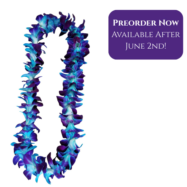 Single Dyed Blue Orchid Lei - Select this beautiful single dyed blue orchid lei for your special graduate. Order online or call STRELITZIA FLOWER CO. today! All leis need to be pre-ordered at least one week in advance to guarantee availability and may only be available for local delivery.