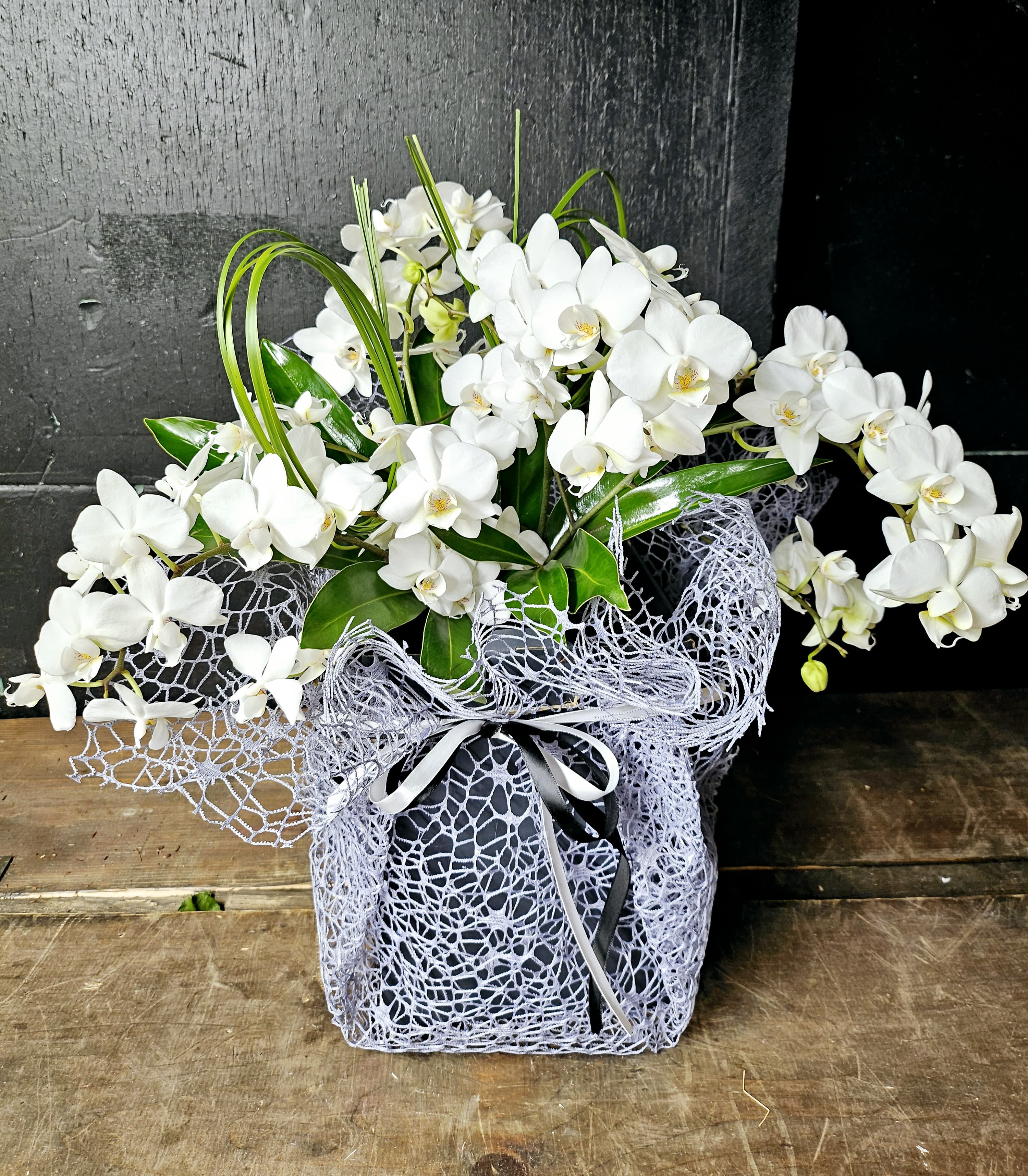 White orchid arrangement in a decorative wrapped box with a ribbon