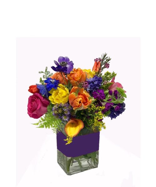 Spring 3 - Bright colored roses and flowers with hot pink purple yellow orange something to celebrate #spring #birthday #MothersDay #roses #flowers #samedaydelivery