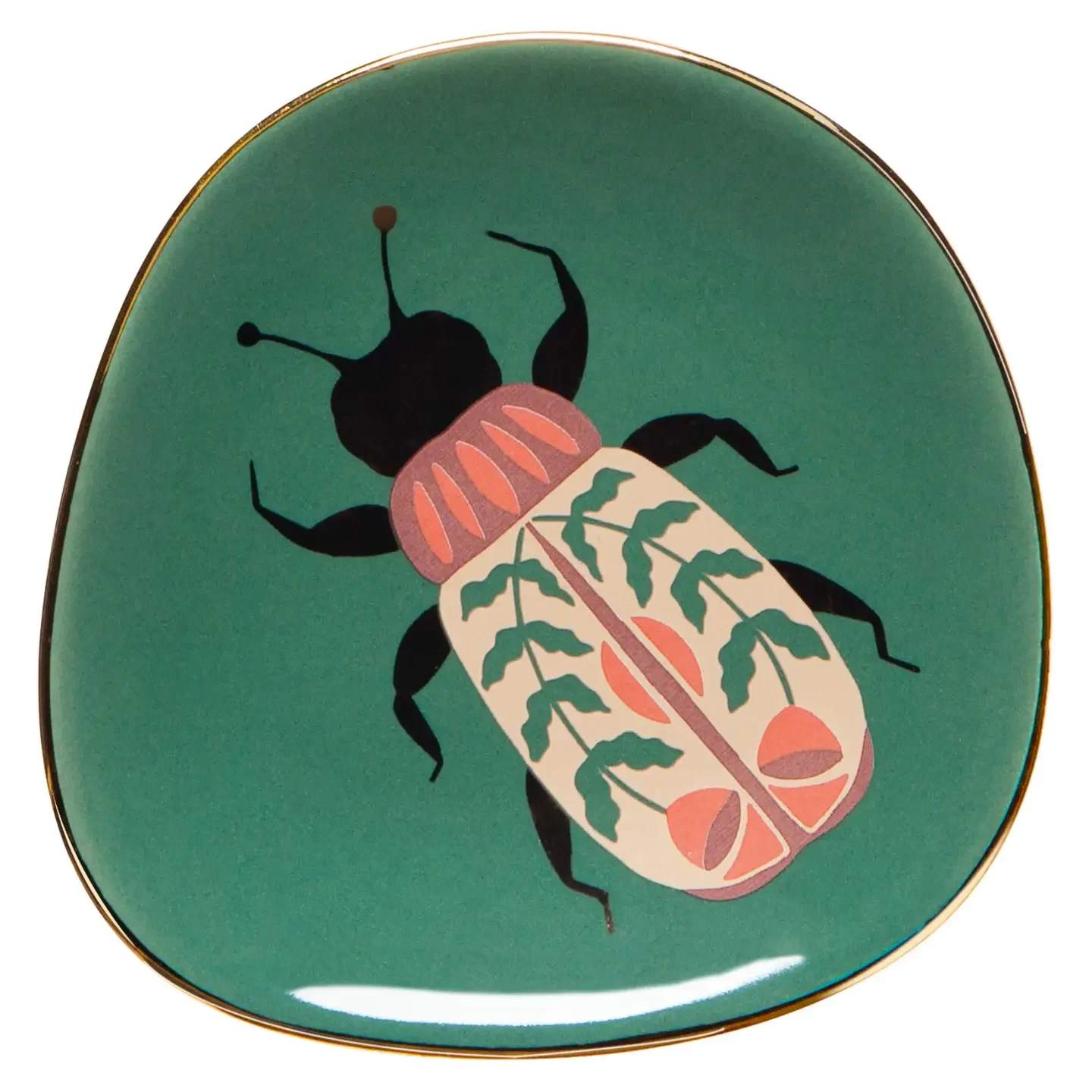 Amulet Trinket Tray - Amulet Trinket Tray: iconography superimposed upon a background of bold green, an auspicious scarab beetle bestows good fortune as it vigilantly guards small treasured keepsakes.  • Size: W3.6 x L3.5in • Material content: 100% Stoneware • Care instructions: Handwash only