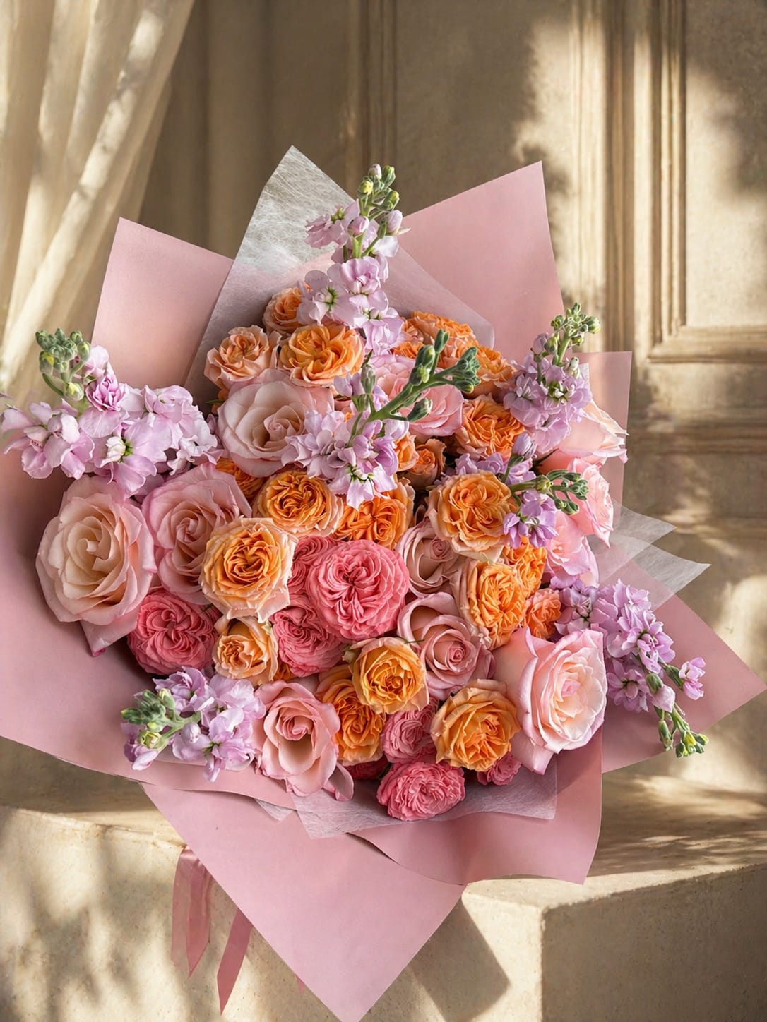 Golden Hour Wrapped Bouquet - Inspired by the warm glow of sunset, this hand-tied wrapped bouquet features a beautiful blend of peach, orange, and lavender tones, thoughtfully designed with premium seasonal blooms and delicate garden spray roses. Romantic, soft, and full of movement, Golden Hour captures the beauty of the day's most magical light. Finished with our signature luxury wrapping and satin ribbon, it makes a lovely gift for birthdays, anniversaries, celebrations, or simply letting someone know you're thinking of them.  Flower varieties may vary based on the freshest blooms available while maintaining the bouquet's signature color palette