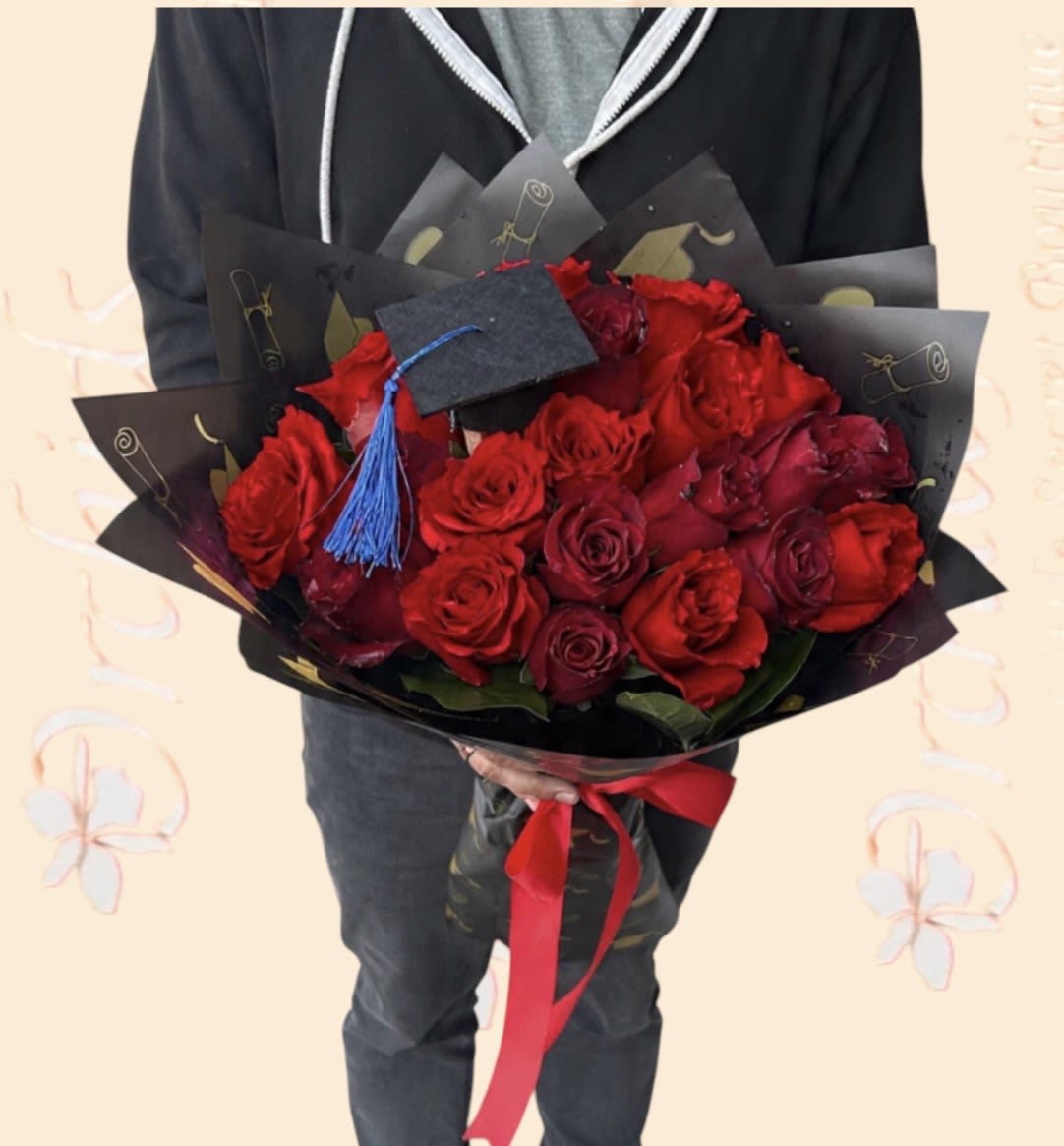 Luxury Red Premiun Roses Graduation Bouquet   | Hand-Wrapped Flower Delivery in Orange County - A stunning hand-wrapped graduation bouquet featuring 24, 30 or 40  premium red roses, elegant graduation wrapping paper, and a mini graduation cap accent — the perfect gift to celebrate their milestone achievement, perfect for Graduation,Congratulations,  Commencement,  Achievement Celebration,  Senior Photos, and Graduation Gift 