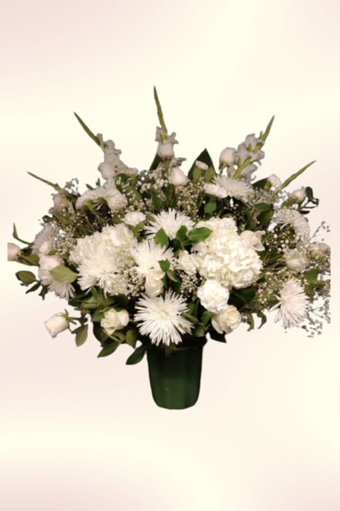 White Pino - A serene cluster of white roses, carnations, chrysanthemums and snapdragons gives this flower arrangement a calm, refined presence-perfect as a sympathy arrangement, a wedding centerpiece, or a thoughtful way to say you're thinking of someone. The broad, rounded silhouette is accented by taller spike-like snapdragons that lift the design, creating a quiet vertical line that feels both graceful and hopeful.  Sitting in a dark green ceramic vase, the palette stays predominantly white and green with mixed-color accents from delicate filler blooms for a soft, airy finish. Petal textures vary from the lush fullness of roses and carnations to the sculpted, spiky look of chrysanthemum-type flowers, producing a layered, tactile composition that reads formal without feeling severe. The compact, dense cluster measures well for tabletops or a memorial display; care is simple-fresh water and clean vase-so the recipient will enjoy its tranquil beauty for days.