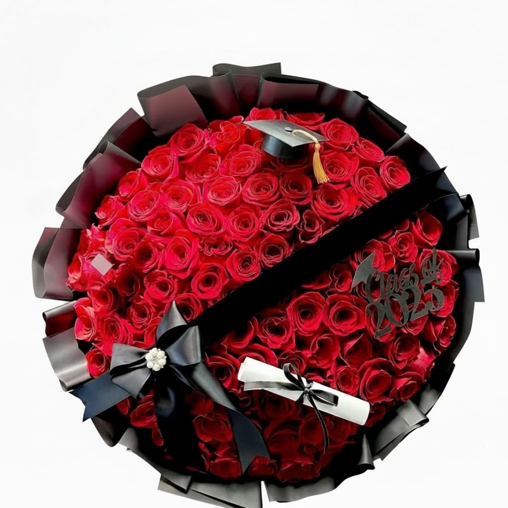 Buchón congratulations  - On the ribbon we can add a personalized phrase of 4-5 words in English or Spanish.  A dense, round bouquet of vivid red roses makes a bold graduation gift that reads as both celebratory and deeply personal. This congratulations flower arrangement is wrapped in structured black paper and finished with black and white ribbon, so the grad will feel honored the moment they see it - the dramatic red-and-black palette announces achievement with a touch of romance and polish.  The bouquet is composed entirely of tightly clustered red roses, arranged into a compact, bust-like (buchón) shape for strong visual impact and a luxurious texture. A miniature graduation cap with a gold tassel and additional graduation-themed accents are tucked near the top, and a decorative sign adds a clear congratulatory message. Black wrapping paper and contrasting ribbons give the arrangement a formal, gift-ready finish.  Perfect for a new graduate, university commencement, or to mark a professional milestone, this bouquet says "well done" with confidence and style. Hand to the recipient as a centerpiece-focused presentation piece; to preserve the roses, keep them in a cool spot away from direct sunlight and refresh the vase water daily if transferring to a vase.