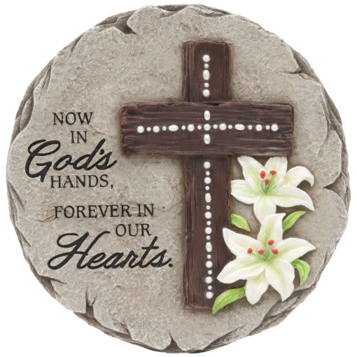 "GOD'S HANDS" GARDEN STONE - Beadworks garden stones are cast in resin to emulate the look of real sandstone. Each piece is hand painted and includes beads for added detail. D: 1"DIA: 9.25"