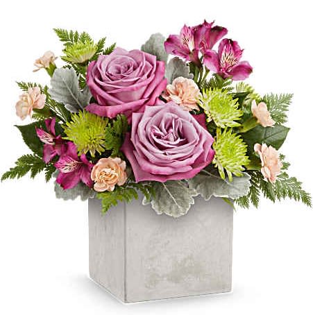 Modern Muse Bouquet - Inspire their day with the Modern Muse Bouquet, a chic mix of lavender and pink blooms with fresh greenery arranged in the modern concrete cube. The faux concrete planter look brings cool, contemporary style to any space.