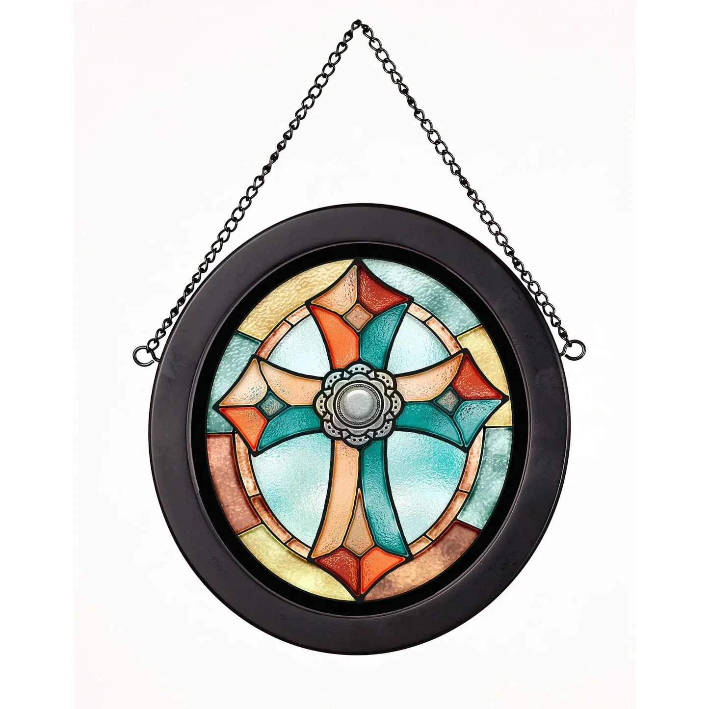 Oval Cross Stained Glass  - Cross stained glass art hangings show their true colors when back-lit with natural sunlight. This popular design is printed on glass with fade resistant inks and framed with 3/4" black-finished molding. 9"H. Ready to hang with provided chain or tabletop easel provided. Beautiful gift that will last a lifetime for sympathy, get well, birthday or just because. 