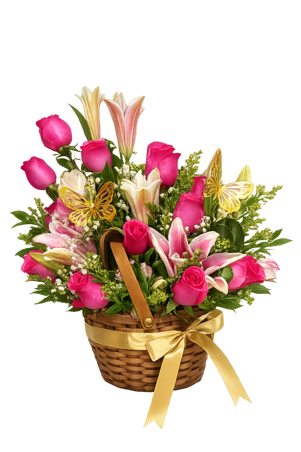 DULCE AMOR  - A full woven basket overflowing with bright pink roses and mixed lilies-the first impression is joyful romance. This flower arrangement for birthdays, anniversaries, or a heartfelt thank-you pairs vivid pinks with soft white and pale yellow blooms so the person you're celebrating feels noticed and adored.  The composition includes abundant greenery and small white filler flowers for a dense, layered look that reads lush from every angle. Arranged in a rustic woven basket with a sturdy handle and finished with a wide gold ribbon, the piece feels gift-ready and thoughtfully presented.  Perfect for surprising a partner, mother, or close friend who loves romantic color palettes, this bouquet arrives ready to display; keep flowers in fresh water, trim stems every few days, and place away from direct heat to extend bloom life.