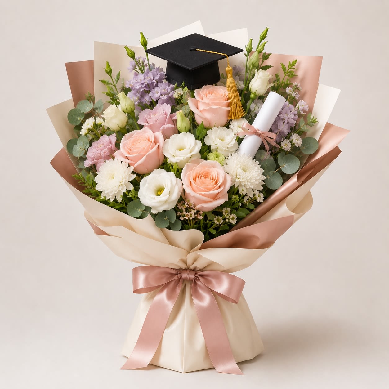 Blush Elegance Graduation Bouquet - Soft blush roses, creamy white florals, and pastel lavender accents create a refined bouquet perfect for celebrating a special milestone. Wrapped in champagne and blush-toned paper with a satin ribbon, this arrangement offers a modern and feminine graduation gift.