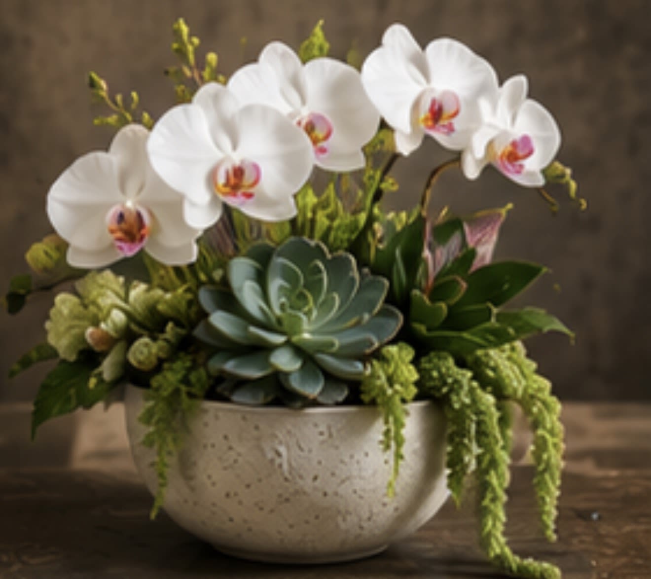 Desert Elegance Succulent &amp; Orchid Garden - Arching white Phalaenopsis orchids paired with a sculptural blue-green succulent create a calm, modern centerpiece that feels both fresh and refined - perfect as a housewarming gift or a serene Thanksgiving or Autumn accent. This succulent and orchid garden is a low, full flower arrangement that elevates any room without overwhelming it; the orchids rise gracefully above the composition so the recipient will feel truly seen and supported whether you're celebrating Father's Day, sending get-well wishes, or simply saying thank you.  The design features long-lasting Phalaenopsis orchids, a central blue-green succulent surrounded by assorted green succulent accents and trailing greenery for soft edges. All plantings sit in a speckled ceramic bowl that reads contemporary and natural; colors include green, white, soft pink highlights and subtle blue tones. Its compact, low profile makes it easy to display on tabletops, mantels, or office desks.  Ideal for giving "just because," as a thoughtful housewarming or recovery gift, or to honor Breast Cancer Awareness Month with a gentle, enduring arrangement. Care is straightforward: bright, indirect light and occasional watering to keep the succulents and orchids healthy - a long-lasting reminder of your thoughtfulness.