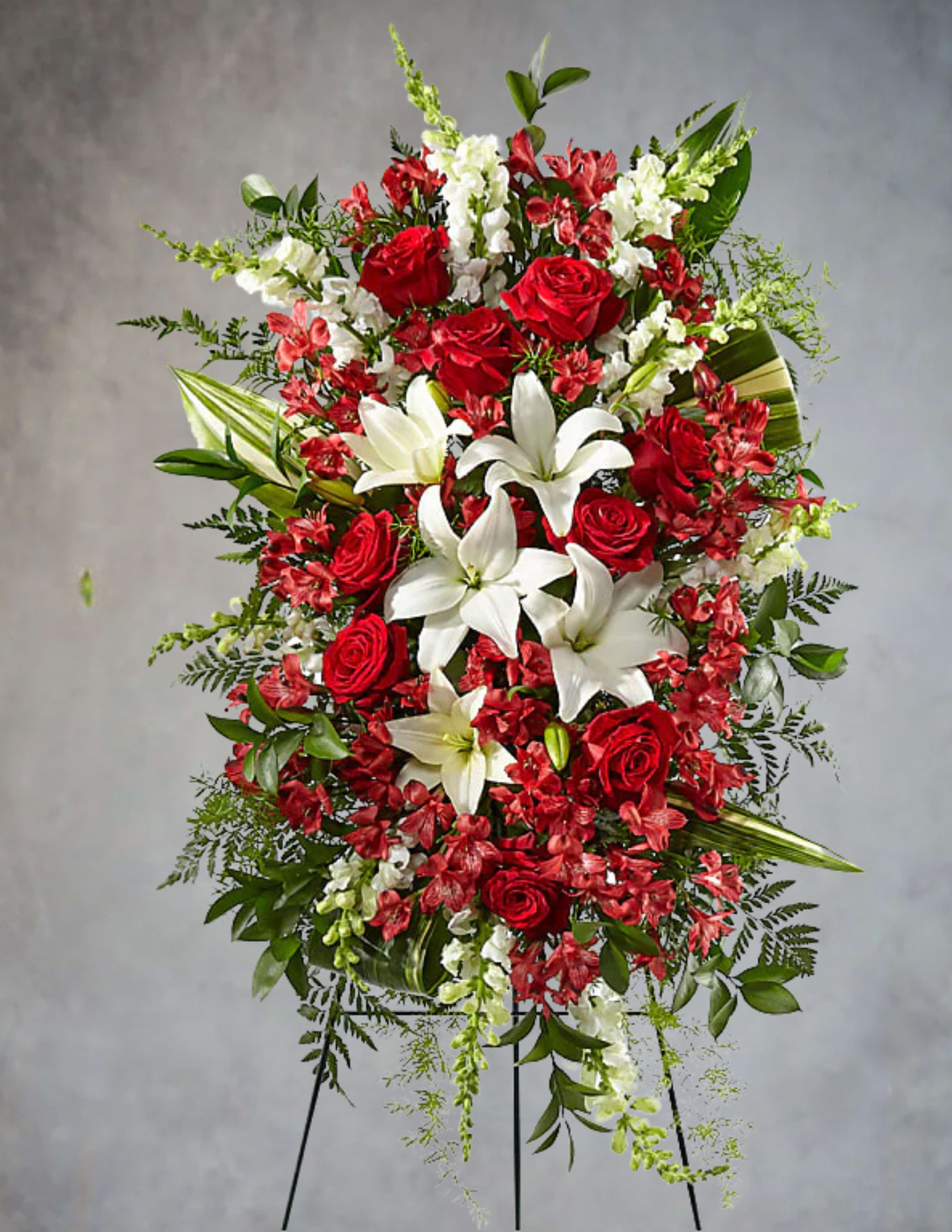 Standing floral spray with red roses and white lilies