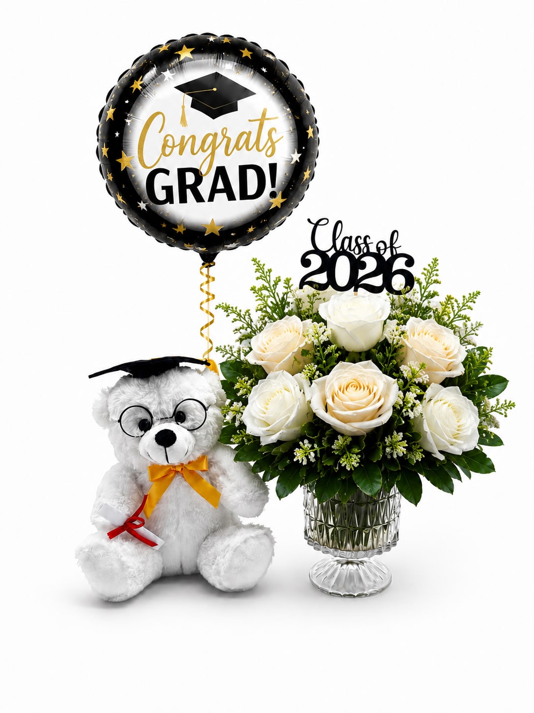 Class of 2026 Celebration Bundle (V Signature™) - Class of 2026 Celebration Bundle™ A Graduation Signature Bundle by Velvet Stems  Celebrate your graduate with a thoughtful gift bundle designed to make their moment feel unforgettable. The Class of 2026 Celebration Bundle™ includes an elegant arrangement of premium white roses and fresh greenery presented in a sophisticated keepsake vase, paired with an adorable graduation teddy bear and a festive “Congrats Grad!” balloon for the perfect celebratory touch.  Designed to capture pride, accomplishment, and excitement for the future, this bundle is perfect for graduation ceremonies, parties, senior celebrations, or surprise deliveries for your favorite graduate. From high school to college and beyond, this keepsake bundle is a beautiful way to honor all their hard work and success.   This bundle is exclusively designed and photographed in-house by Velvet Stems. Minor substitutions may occur based on availability while maintaining the same overall style, color palette, and value.