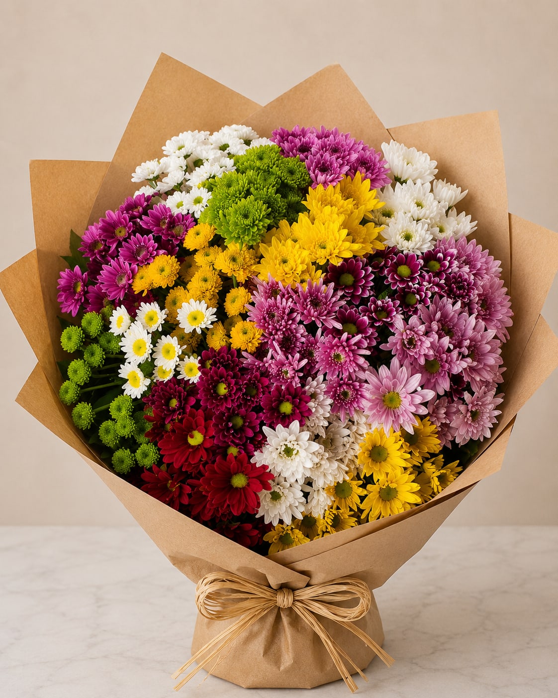 Garden Party Pom Pom Bouquet - A cheerful and colorful bouquet featuring an assorted mix of fresh daisies, button poms, and cushion poms in a variety of vibrant shades. Each arrangement is uniquely designed using the freshest seasonal colors available, creating a bright and joyful look perfect for any occasion. Flower colors may vary based on availability, making every bouquet one of a kind and full of charm.