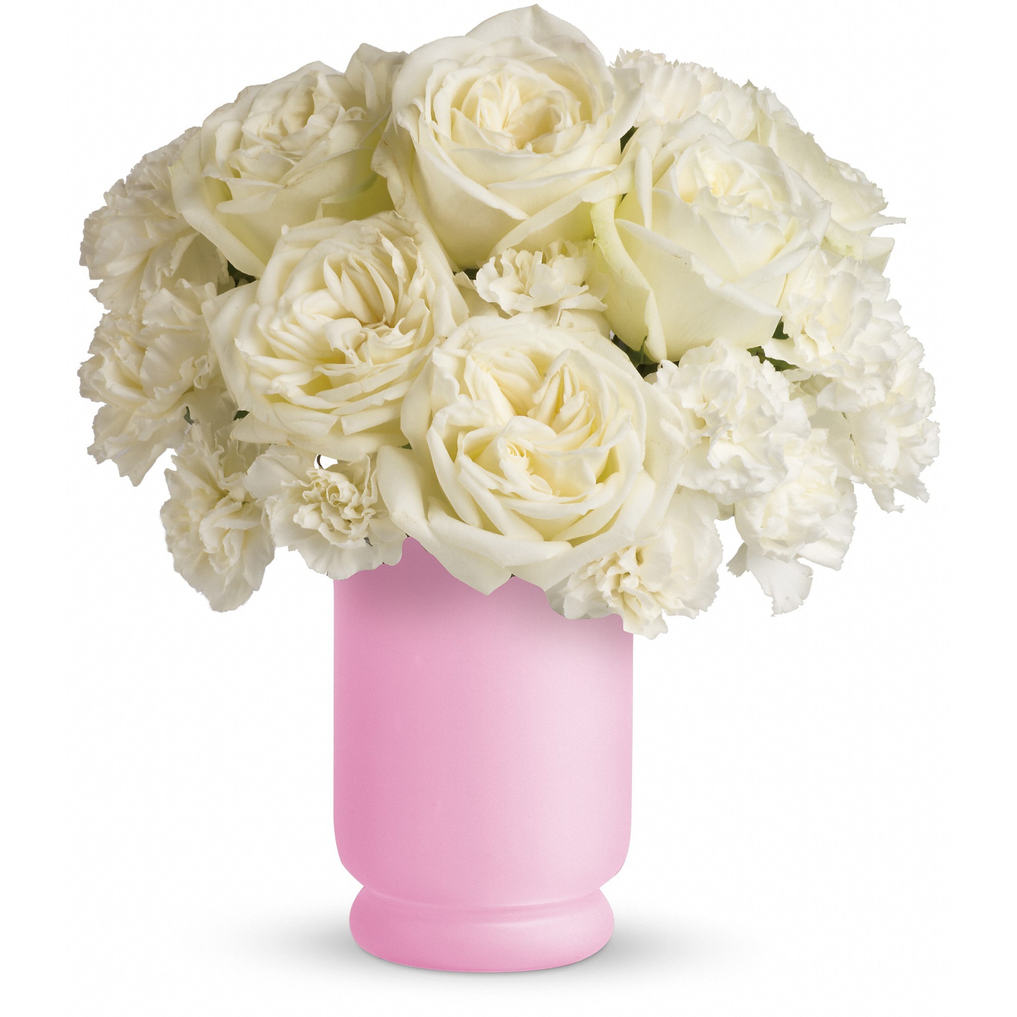 Teleflora's Sweetly Chic - So sweet, so pretty, so perfect for that special someone in your life. She'll love the snowy white roses and carnations, all beautifully arranged in the classic frosted pink hurricane vase. 
