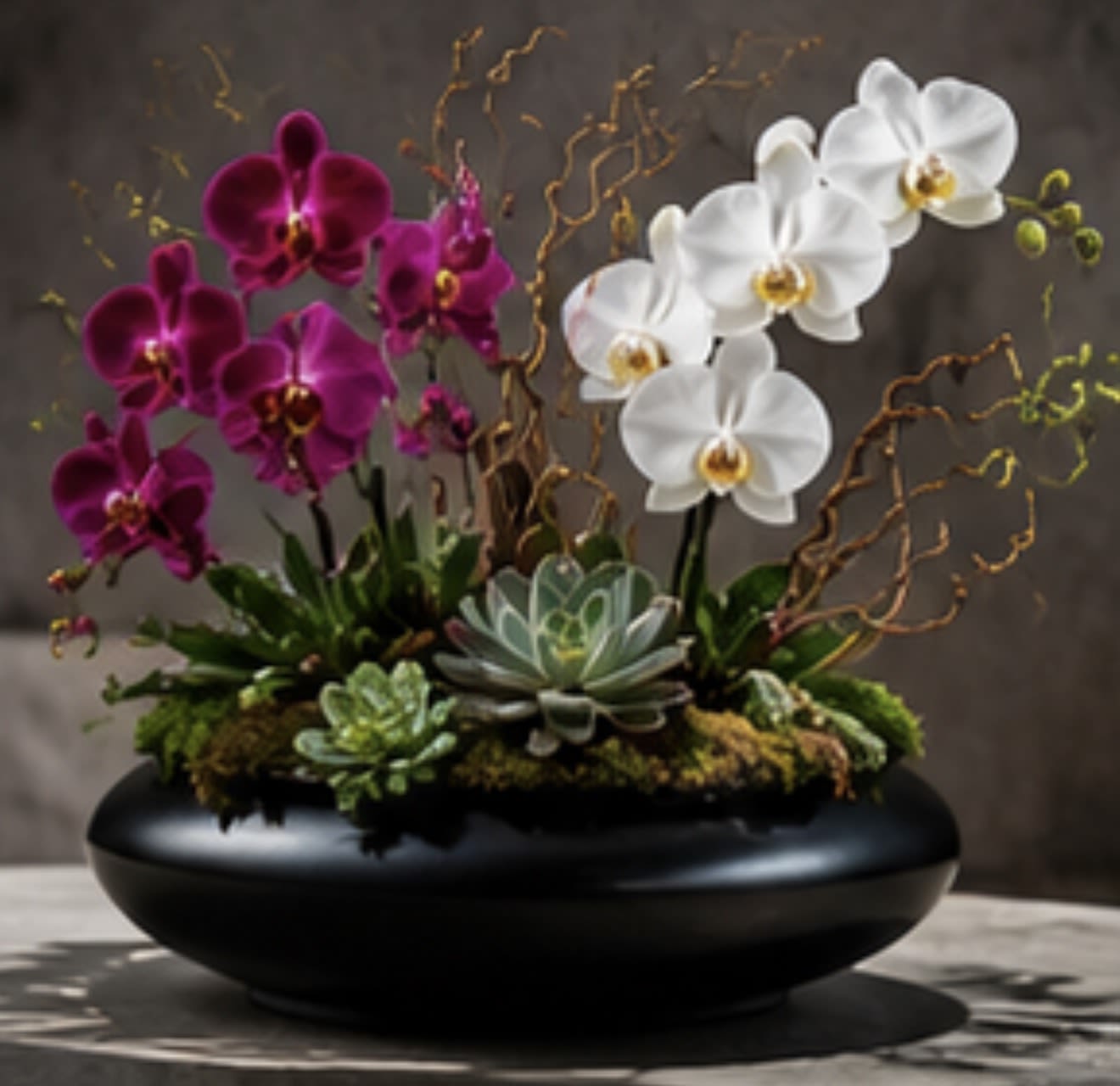 Orchid Garden - Magenta and white Phalaenopsis orchids arch gracefully from a sleek black bowl planter to create a modern "Orchid Garden" arrangement perfect for a birthday, an apology, or a romantic gesture. The high-contrast pairing of vivid pink orchids on one side and pristine white orchids on the other gives the piece a sculptural, gallery-ready presence that will make the person you're thinking of feel truly seen.  Complementing the orchids are soft roses and a low cluster of textured succulents set into moss, punctuated by decorative curly branches for vertical drama. The palette of pinks, purples, whites, greens and deep black plays across smooth orchid petals, velvety rose blooms, and the firm, architectural succulents-an interplay of color and texture that reads elegant and contemporary. The arrangement comes in a shallow black bowl planter that sits easily on a desk, mantel, or dining table and is sized for immediate display.  Whether you're saying "I'm sorry," sending a thoughtful "just because" surprise, or celebrating love and friendship on Valentine's Day or Best Friends Day, this arrangement communicates care without words. Orchids prefer bright, indirect light and occasional watering at the base-minimal care that keeps this composition looking refined in a home or office all year round.