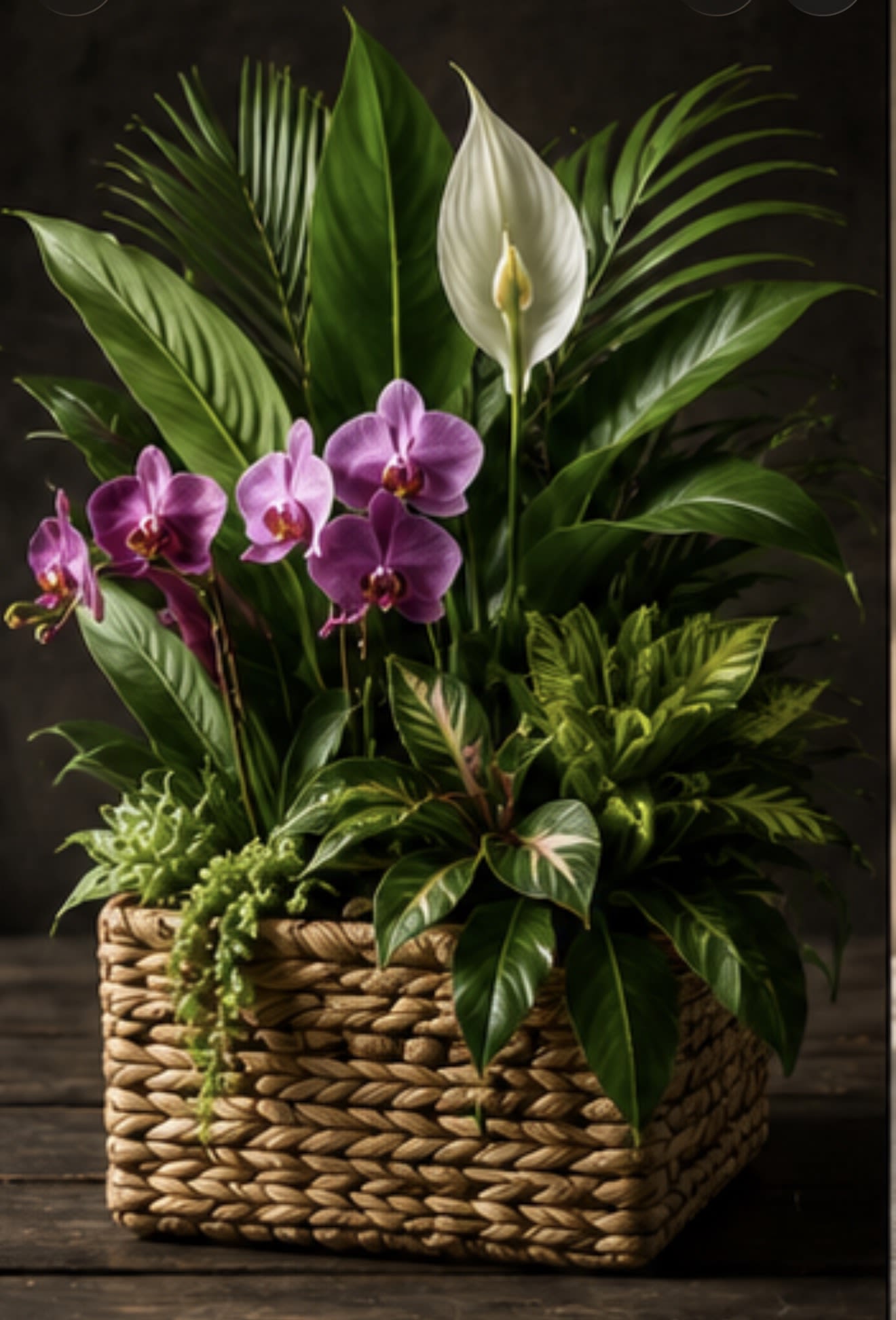 Island Escape Plant Basket - A cluster of purple Phalaenopsis orchids rises like a jewel amid a tapestry of tropical green plants - this plant basket brings an elegant, island-inspired statement to housewarming, sympathy, or a refined office display. The vertical silhouette, anchored by glossy broad leaves and palm-like fronds, creates a calm, sophisticated presence that makes the person you're thinking of feel seen and comforted.  The arrangement features several deep-green tropical plants grouped with a striking cluster of purple phalaenopsis orchids and a single white peace lily bloom that lifts above the foliage for contrast and serenity. All plants are planted in a woven basket that adds warm, natural texture and keeps the composition feeling organic and grounded. The overall effect is full and layered, with varied leaf shapes and heights for visual depth.  Perfect for someone who appreciates low-maintenance beauty, this basket suits everyday gifting as well as special moments that call for quiet elegance. Place in bright, indirect light and water according to each plant's needs to keep leaves glossy and orchids blooming; the woven basket makes it easy to display on a desk, entry table, or beside a favorite chair.