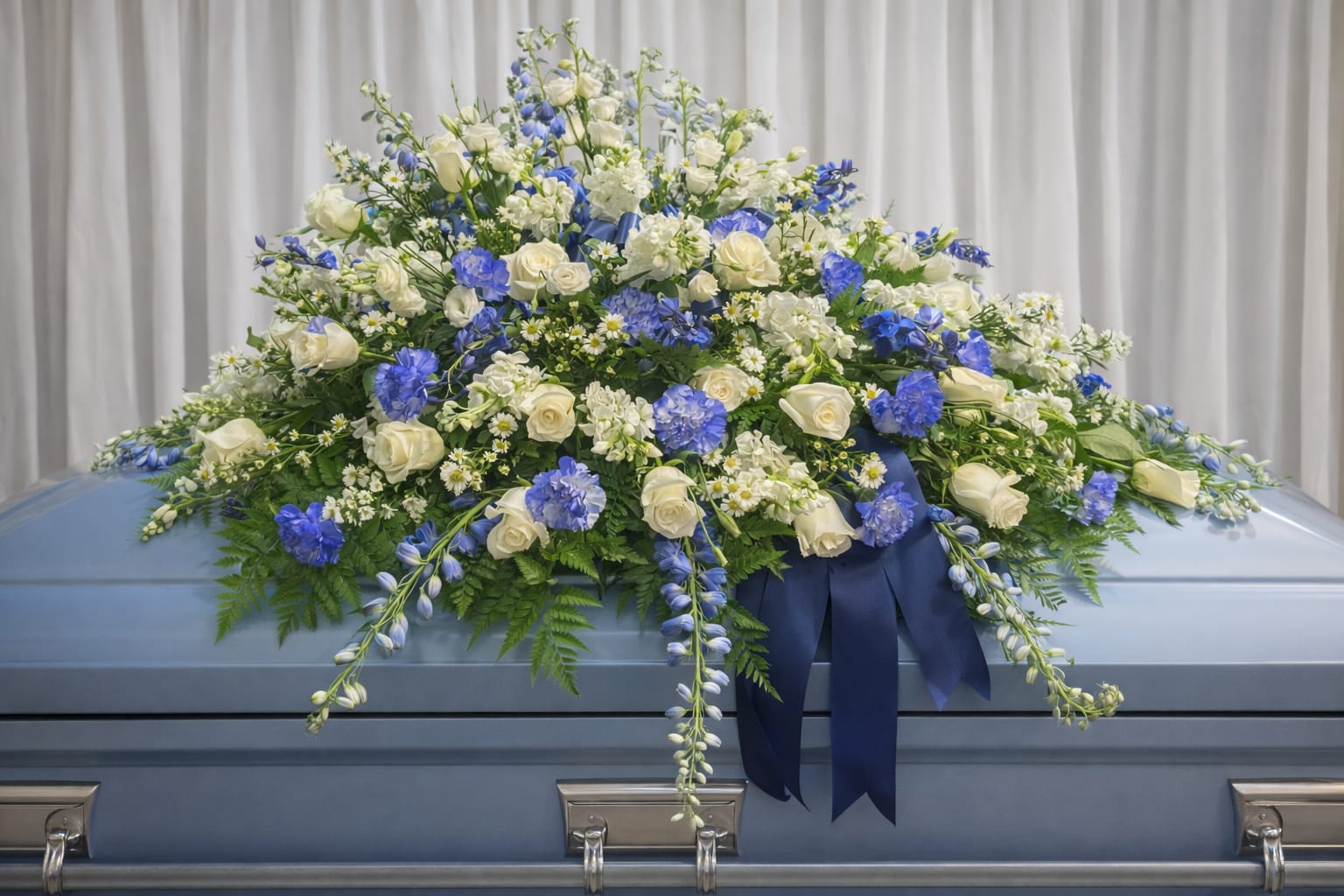 Blessed Blossoms - A broad, cascading casket spray in white, blue, and green that reads as a calm, dignified tribute for a funeral or memorial service. This funeral arrangement covers the top of a blue casket with a layered mix of white roses and vivid blue blooms, accented by small daisy-like flowers and trailing snapdragon stems-the palette and scale send a respectful, ceremonial message that comforts the person you're honoring.  Crafted to drape across the casket, the design balances lush fullness with graceful movement: tight clusters of white roses give presence and purity, blue flowers add vivid contrast, and carnations, daisies, and snapdragons provide texture and gentle vertical lines. Greenery softens the edges and ties the composition together; a blue ribbon is included to coordinate with the casket and complete the formal presentation.  Made for a memorial setting, this spray conveys sympathy and reverence-the kind of arrangement that helps mourners feel seen and supported. Sized to cover the top of a standard casket, it arrives ready to place; please contact us for timing and delivery details to ensure it's arranged for the service.   If any design elements are of major importance to your order, please include them in the florist instructions at checkout or contact us to ensure availability.