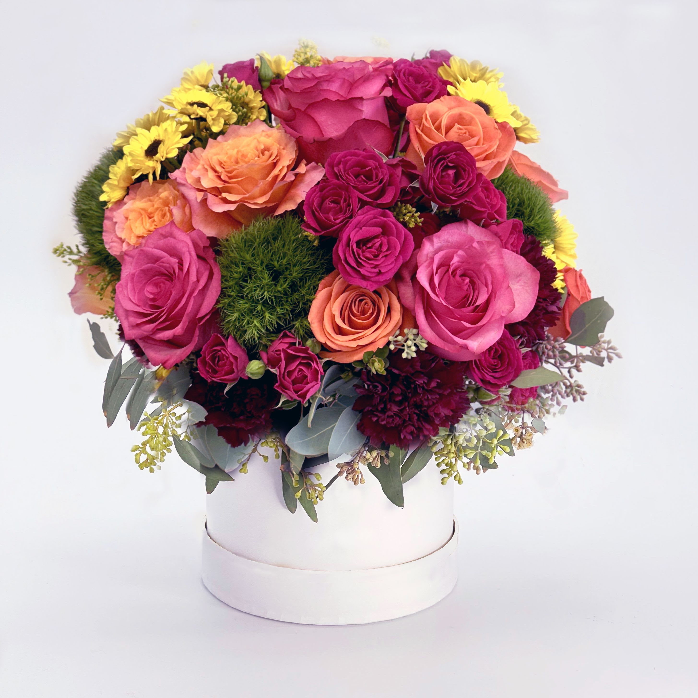 Flora Fusion Bouquet - Discover stunning, handcrafted floral arrangements bursting with rich color and texture. Our modern designs bring joy, elegance, and beauty to every occasion—crafted fresh and delivered with care in a White Box. 