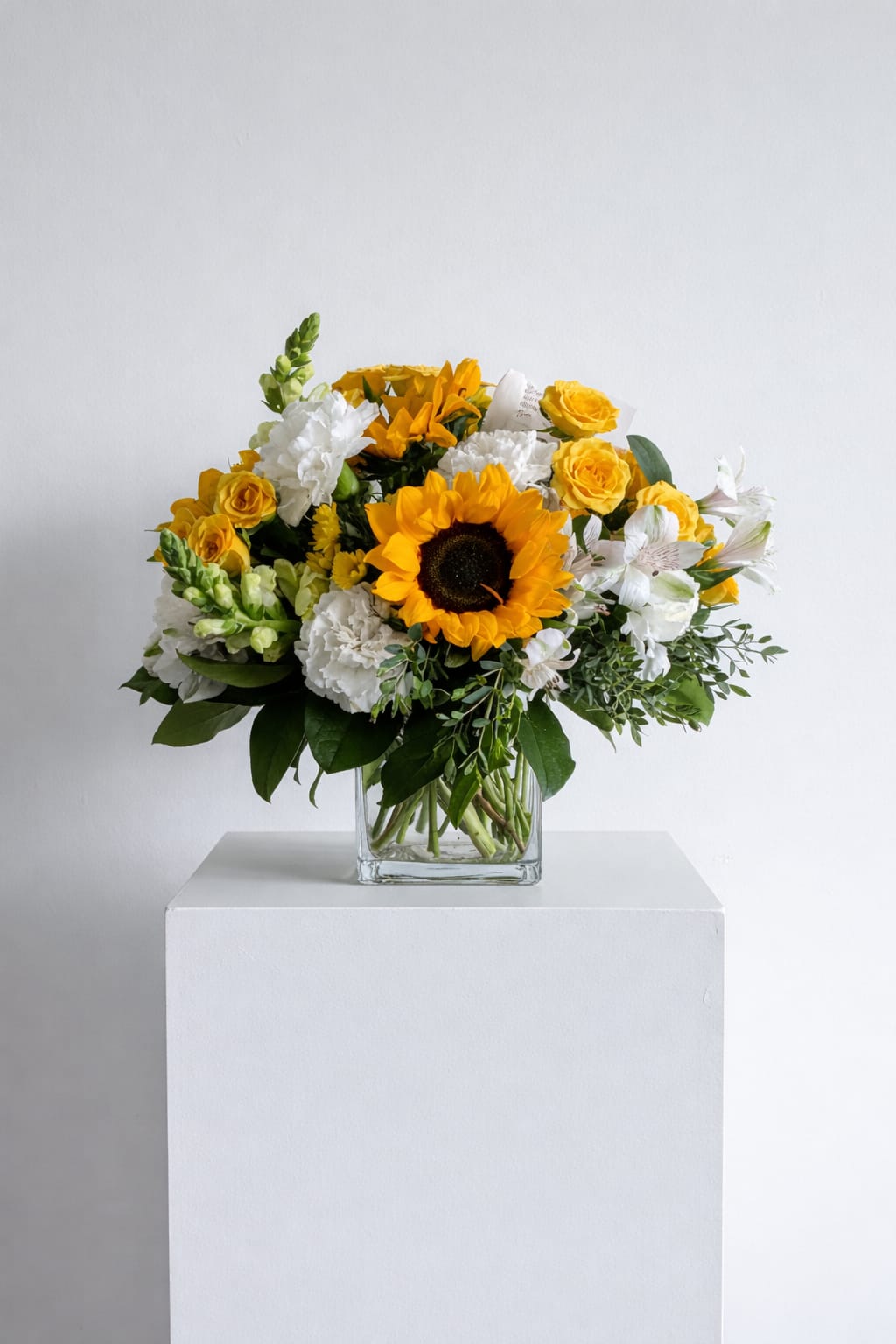 Yellow sunflower bouquet with white and yellow flowers in a clear glass vase