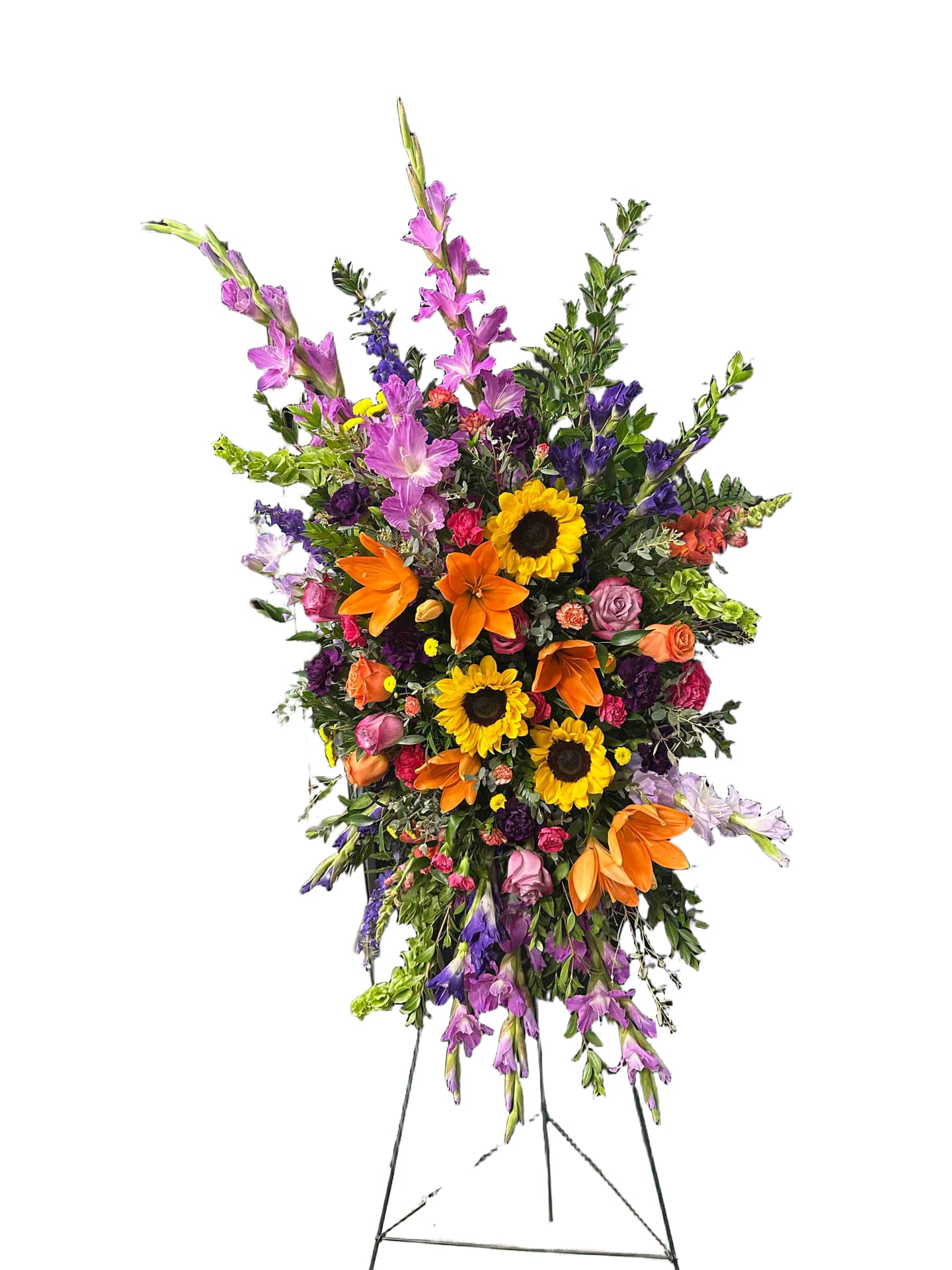Bright Remembrance Spray - Large colorful spray with lilies, sunflowers, roses, gladiolas, and carnations.