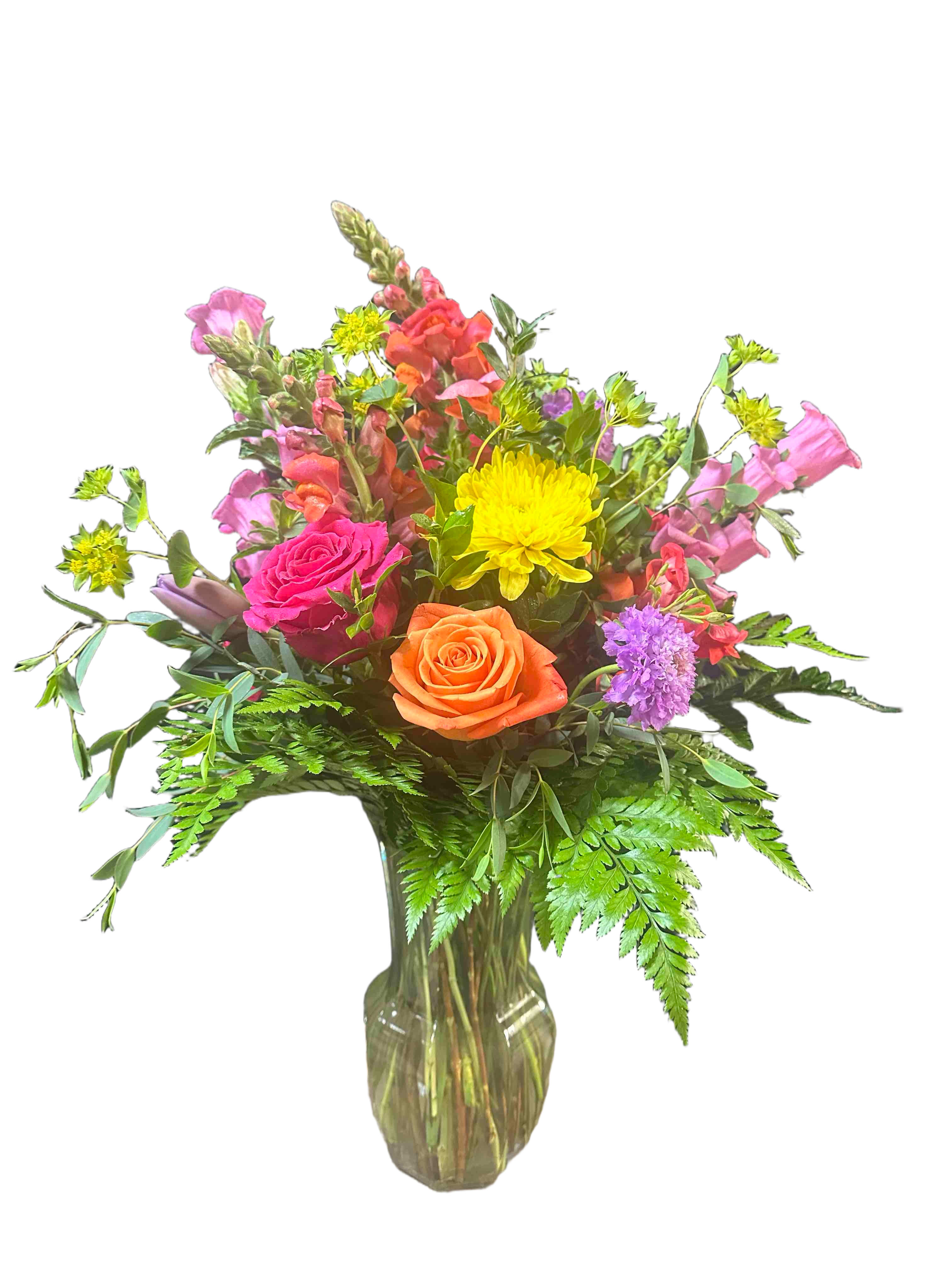 Summer Fun Bouquet - Mix of bright roses, chrysanthemums, snapdragons and colorful accent flowers 