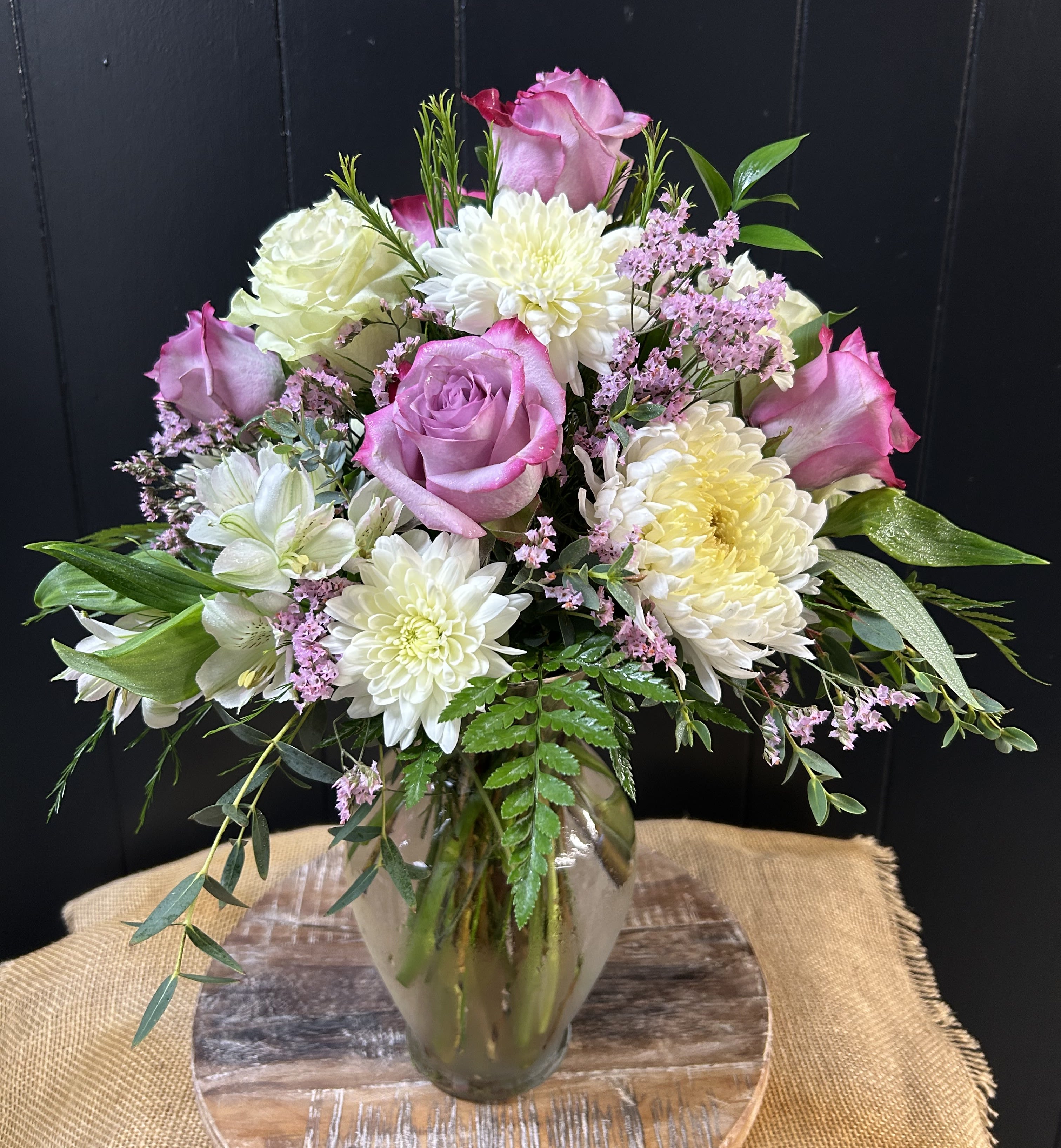 Purple Dream Bouquet - Beautiful mix of purple and white flowers including roses, cremons, alstromeria, etc. 