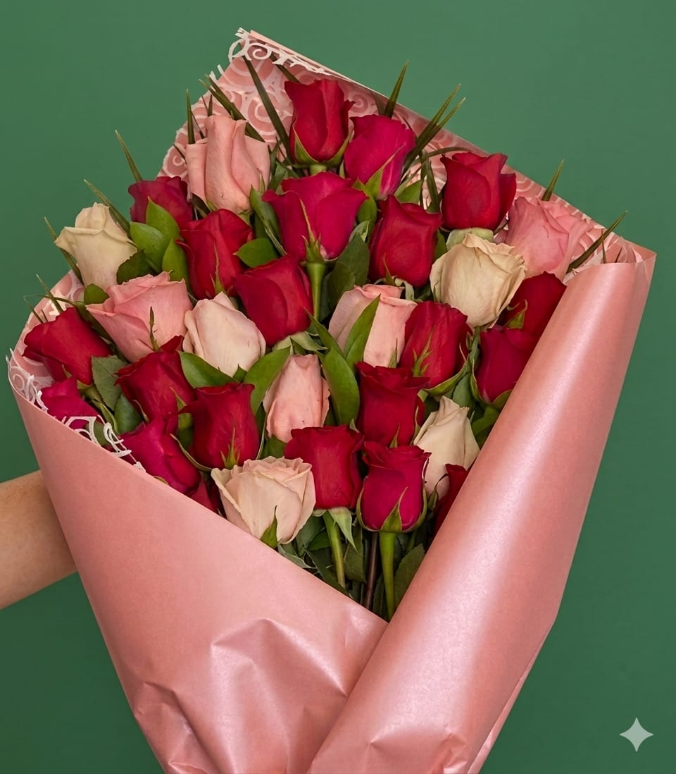Rose bouquet  - A lush cluster of red, blush, and white roses creates an immediately romantic impression-perfect as a birthday bouquet for a partner, an anniversary arrangement, or a Valentine's Day gift that says "I'm all in." The hand-tied, rounded shape brings the flowers close together so the recipient sees a rich, velvety mix of deep red and soft pink tones at a single glance, with touches of green foliage to lift the palette.  This rose bouquet features tightly packed roses in red, pink and white, wrapped in glossy pink paper and finished with a decorative lace wrap for an elegant, gift-ready presentation. The compact rounded design makes a bold visual statement while remaining easy to carry and display in a standard vase; the lace accent adds a delicate texture that complements the roses' velvety petals.  Choose this arrangement when you want the person you're thinking of to feel adored and celebrated-an unmistakable romantic gesture for anniversaries, Valentine's Day, or any moment you want to mark with love. Standard care: trim stems, place in fresh water with floral food, and keep away from direct heat to help the roses last longer.