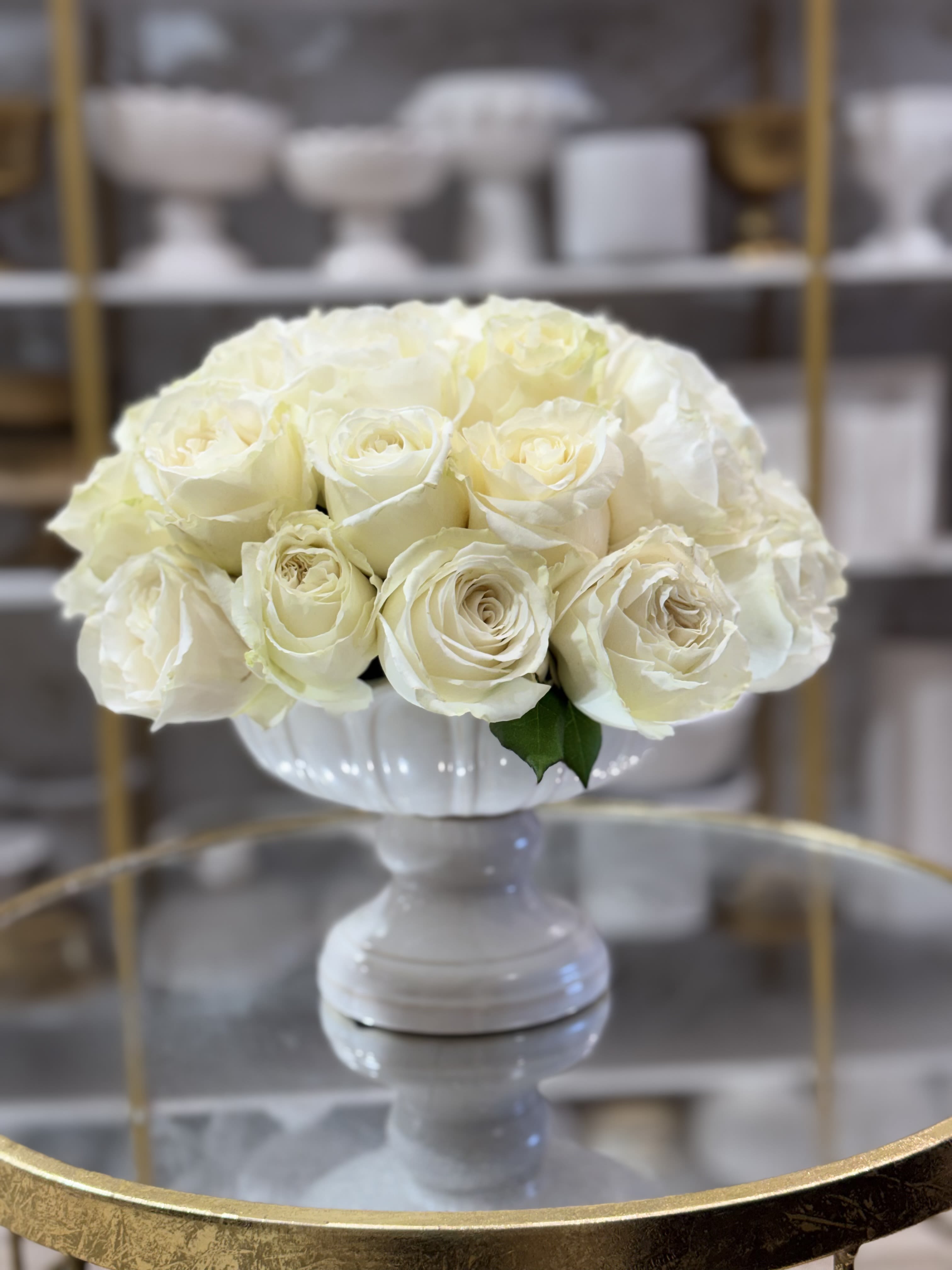 Sacred Bloom (any color rose available) - Gorgeous display of all white premium roses in stunning urn vase 