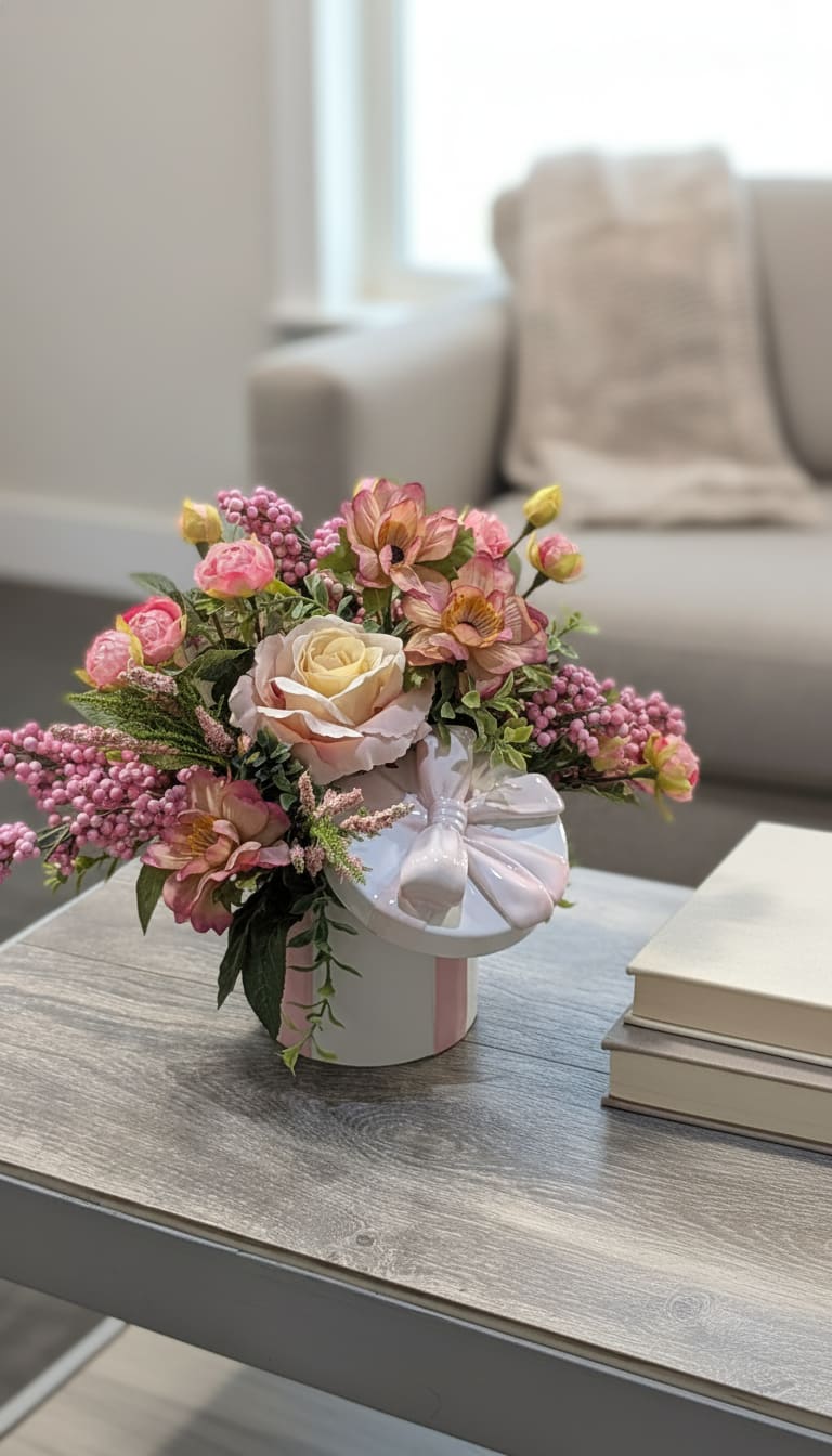 Pink Present Silk Arrangement  - This is a Silk Arrangement, meaning not real flowers. This arrangement cannot be altered.