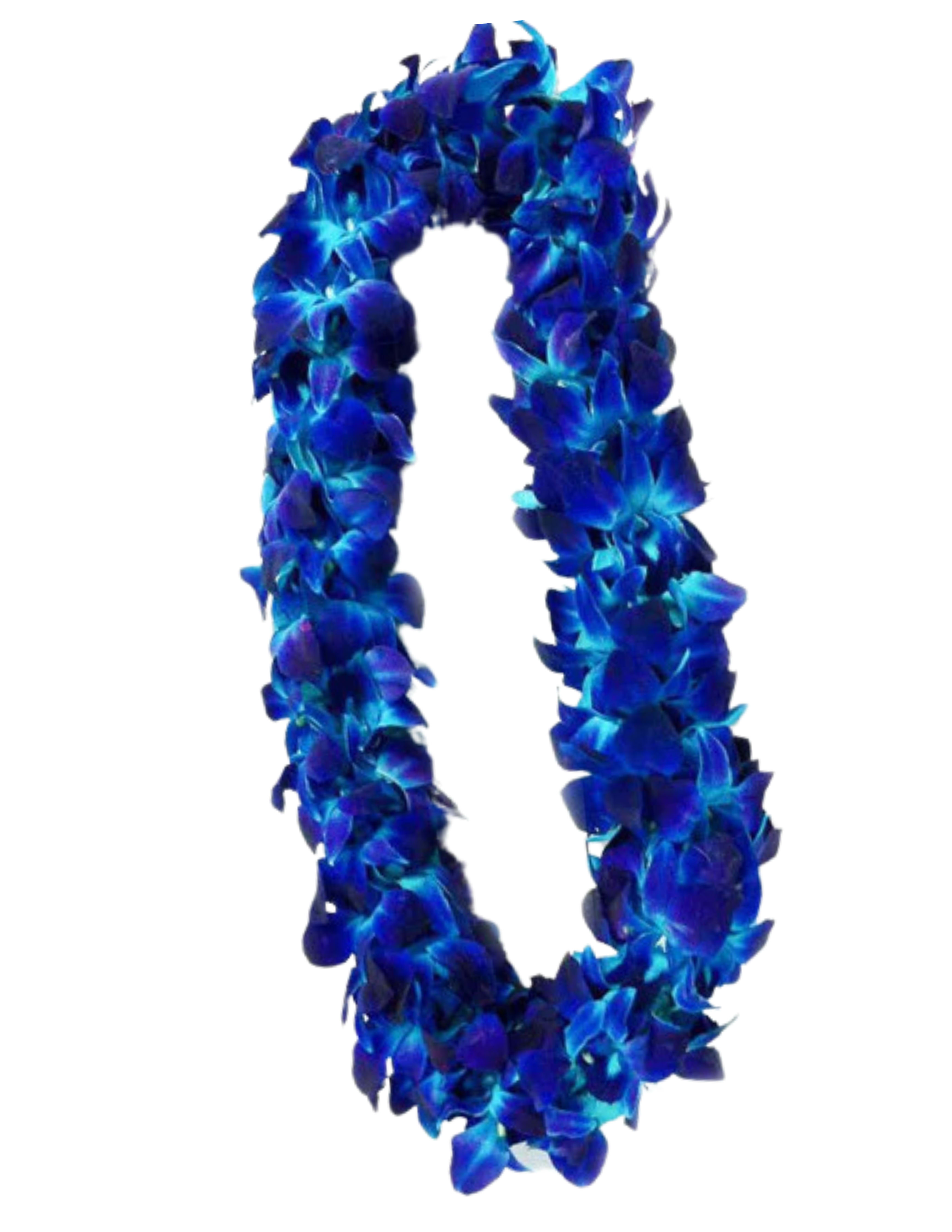 Blue flower lei made of clustered blossoms