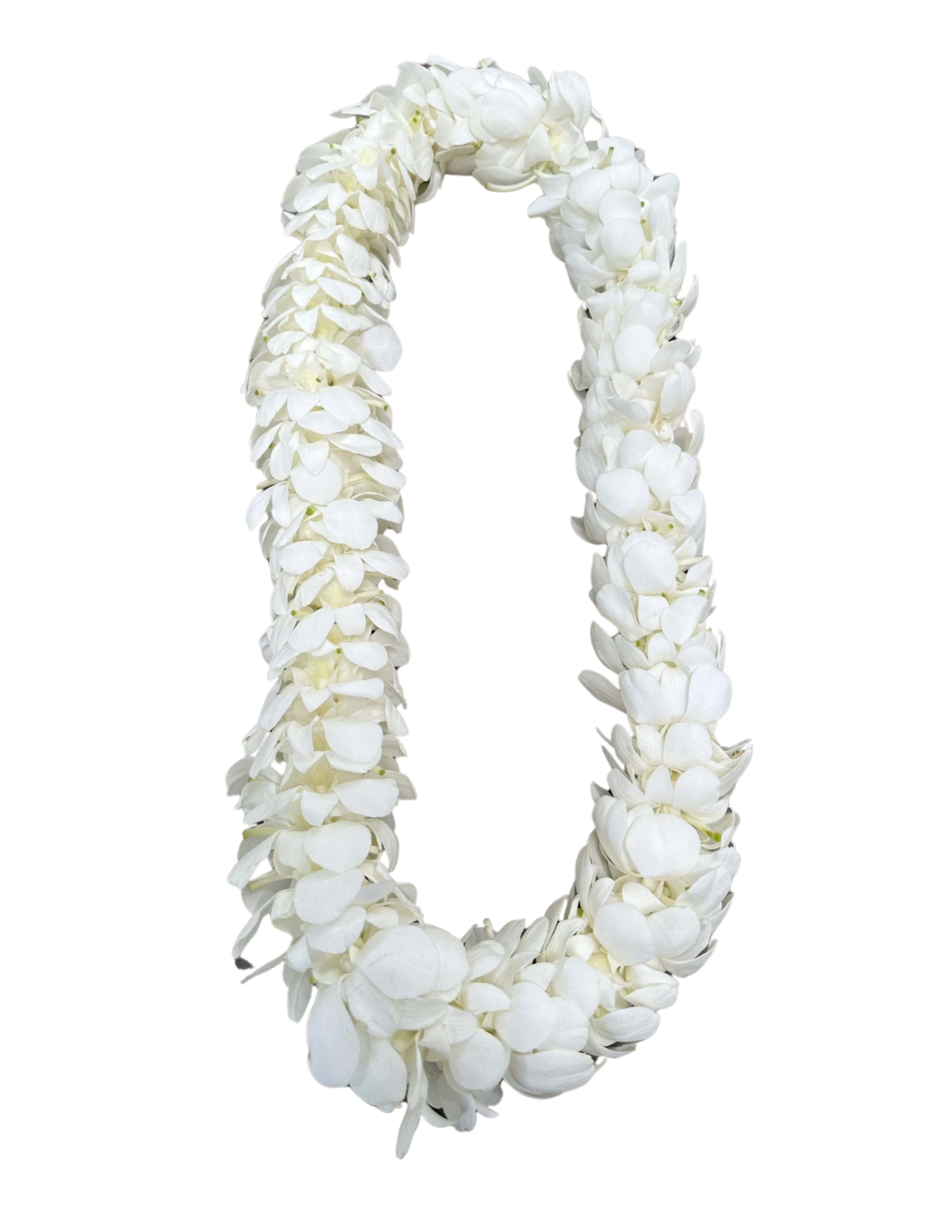 White flower lei made of clustered blossoms
