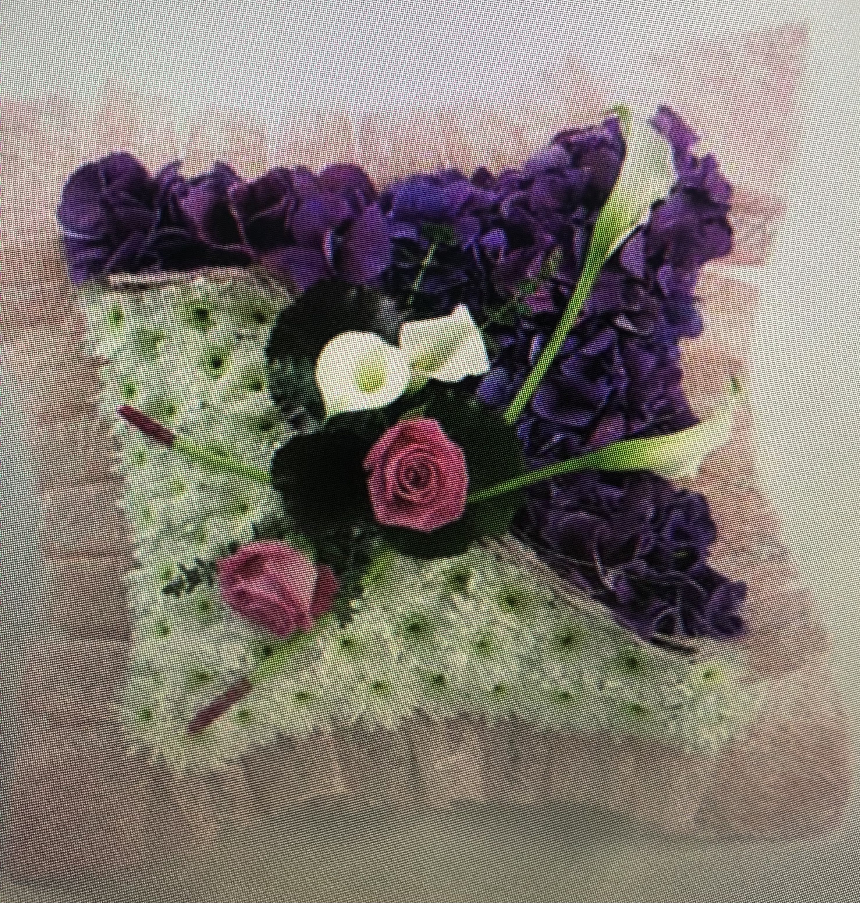 Purple and white floral arrangement with pink roses and calla lilies