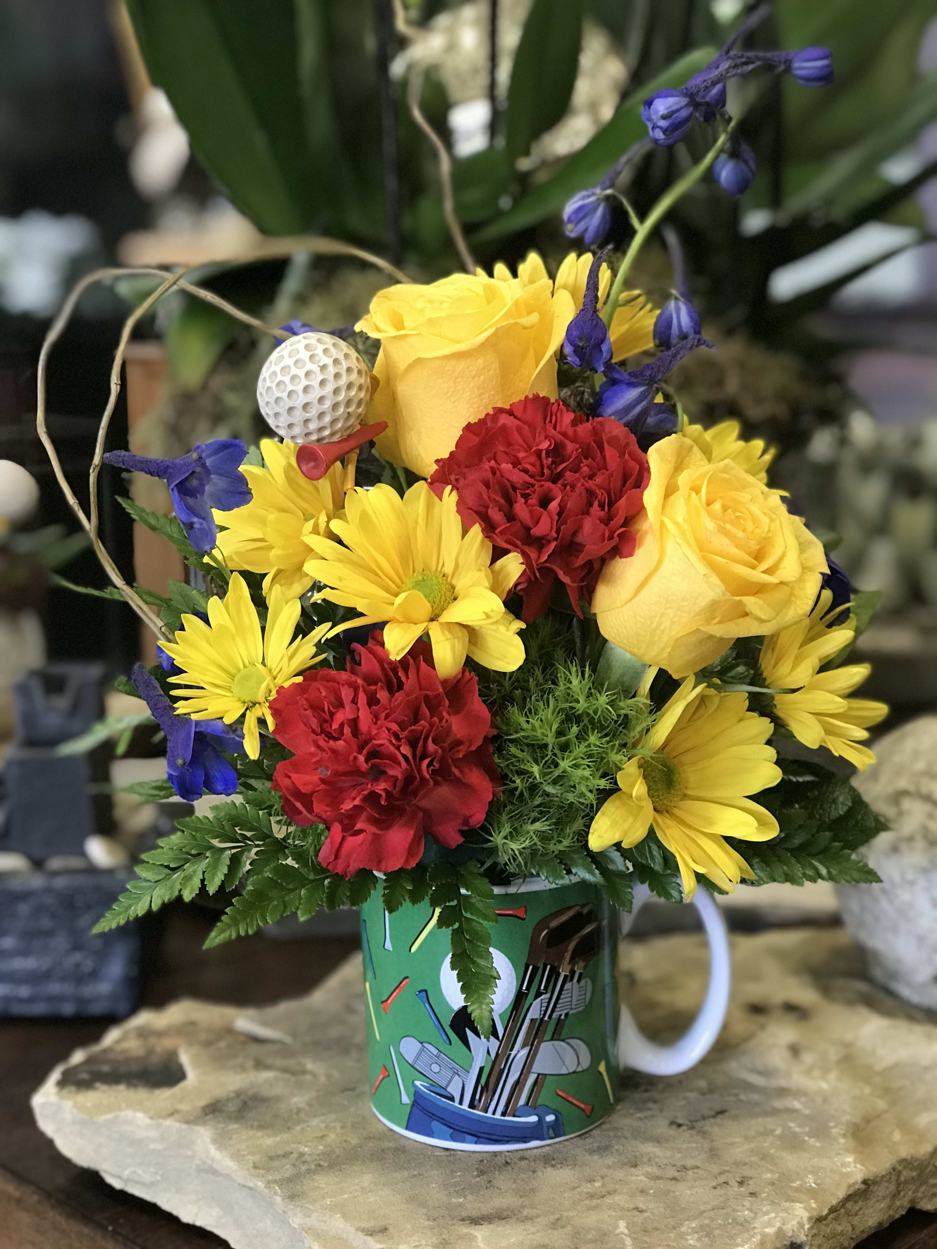 Golf Coffee Mug - Perfect for Father's Day, Mug with Yellow roses, Red carnations, daisies, blue bella and greenery.