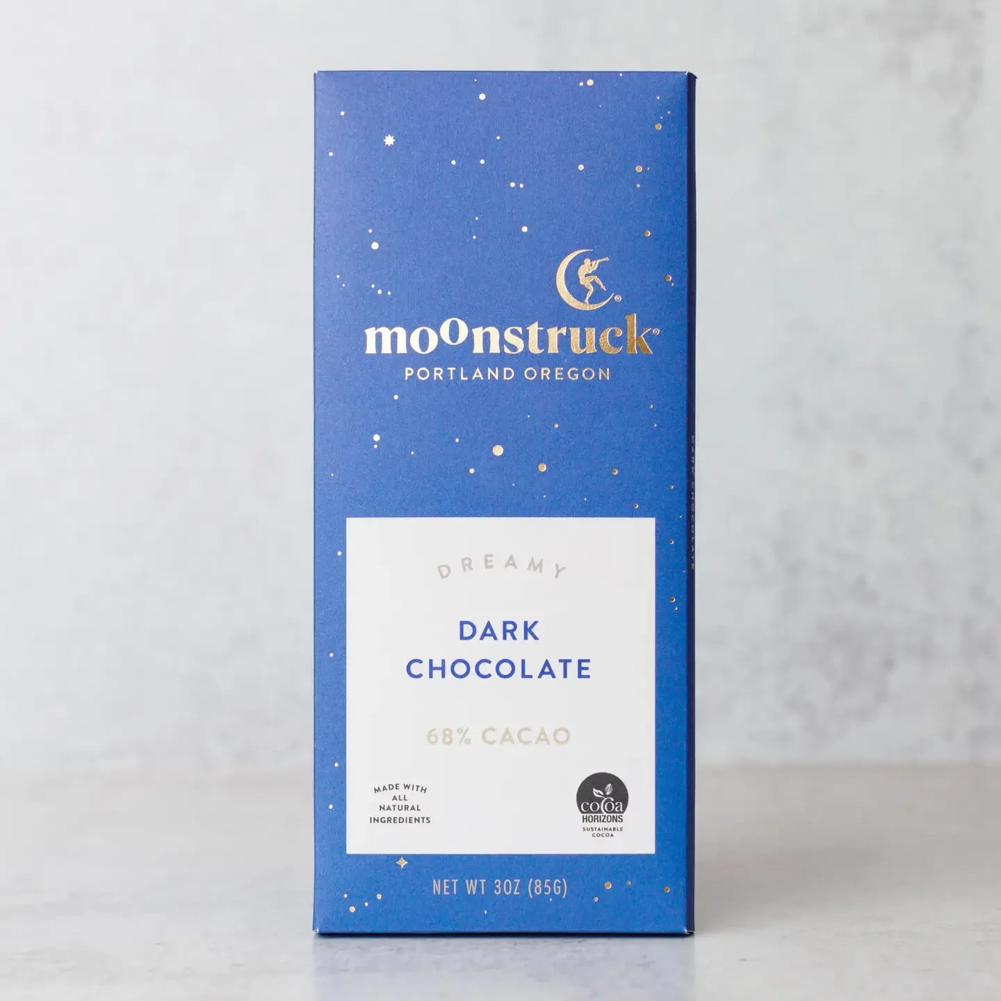 Blue box of Moonstruck dark chocolate standing upright