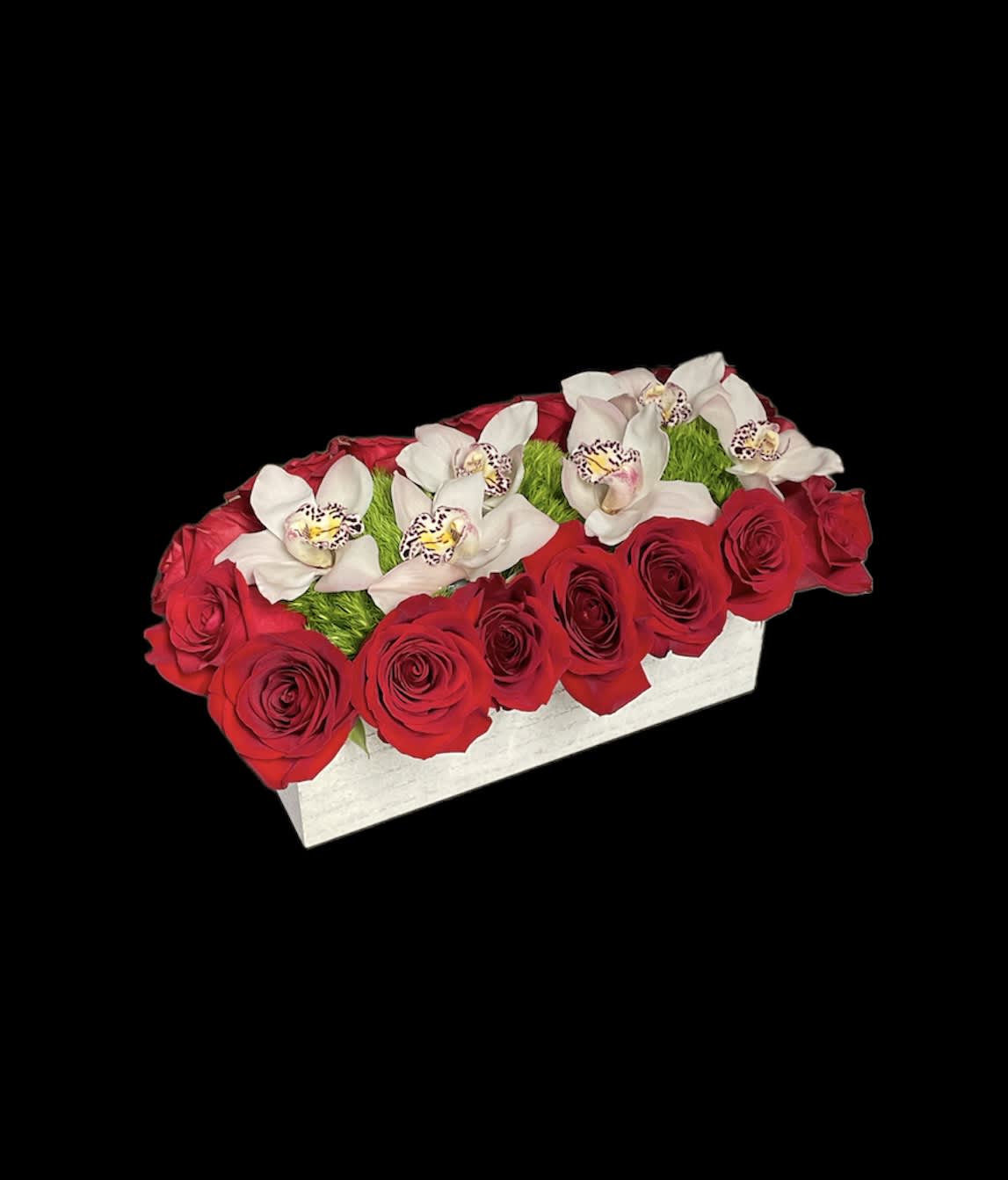 Red roses and white orchids in a white rectangular box