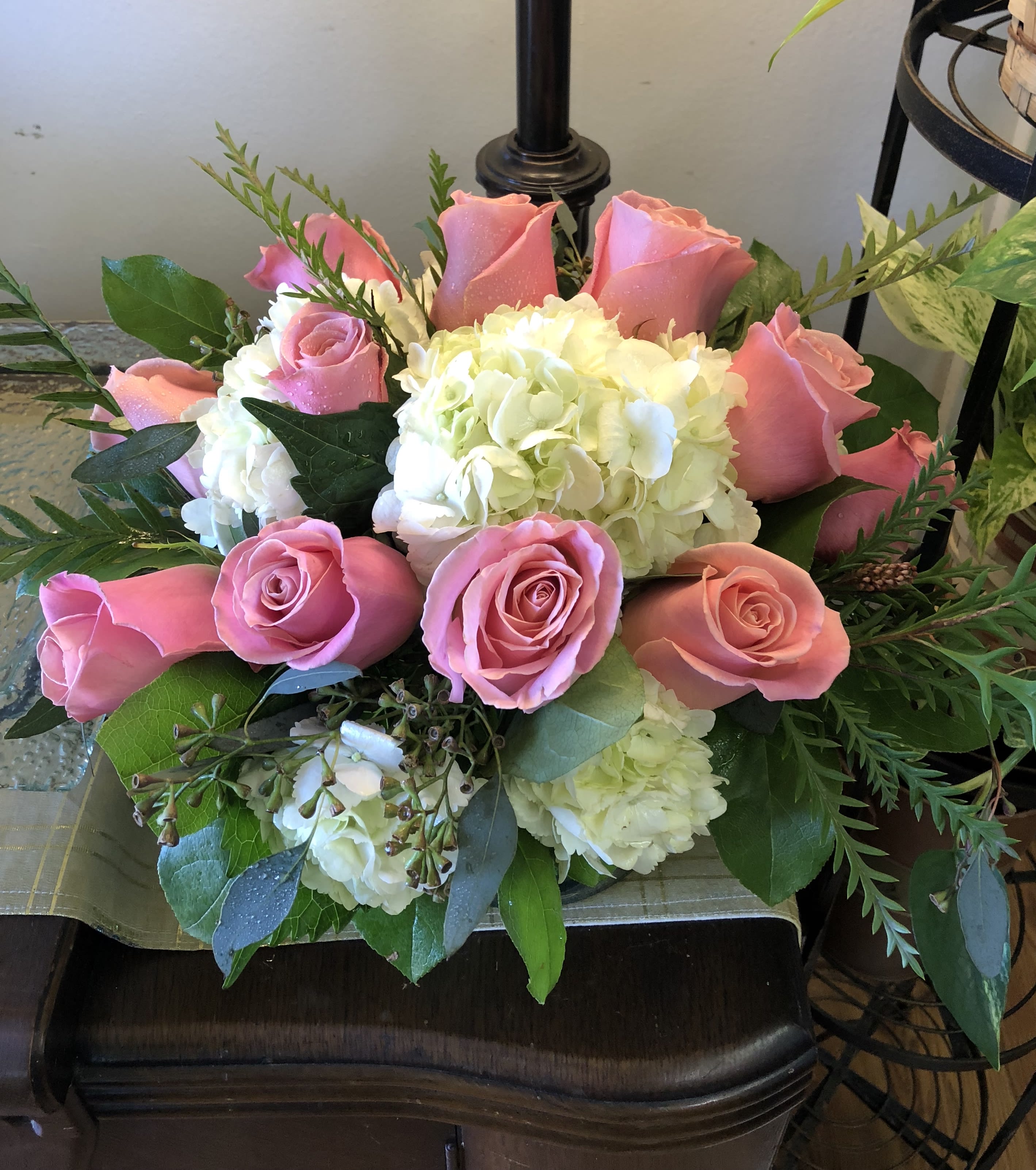 Pink roses and hydrangeas - Pink roses and hydrangeas  12 beautiful pink roses  with white hydrangeas 