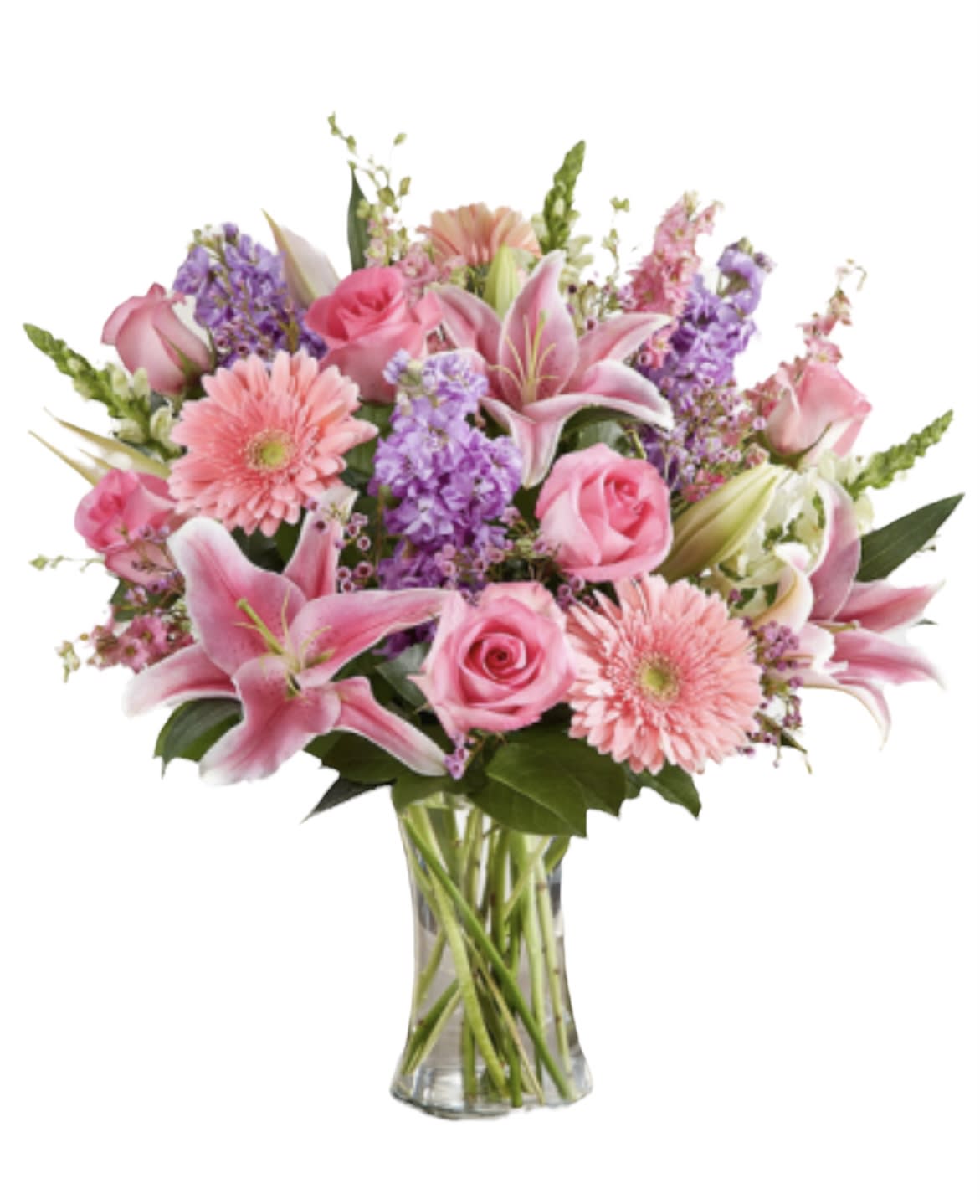 Pink and purple mixed bouquet in a clear glass vase