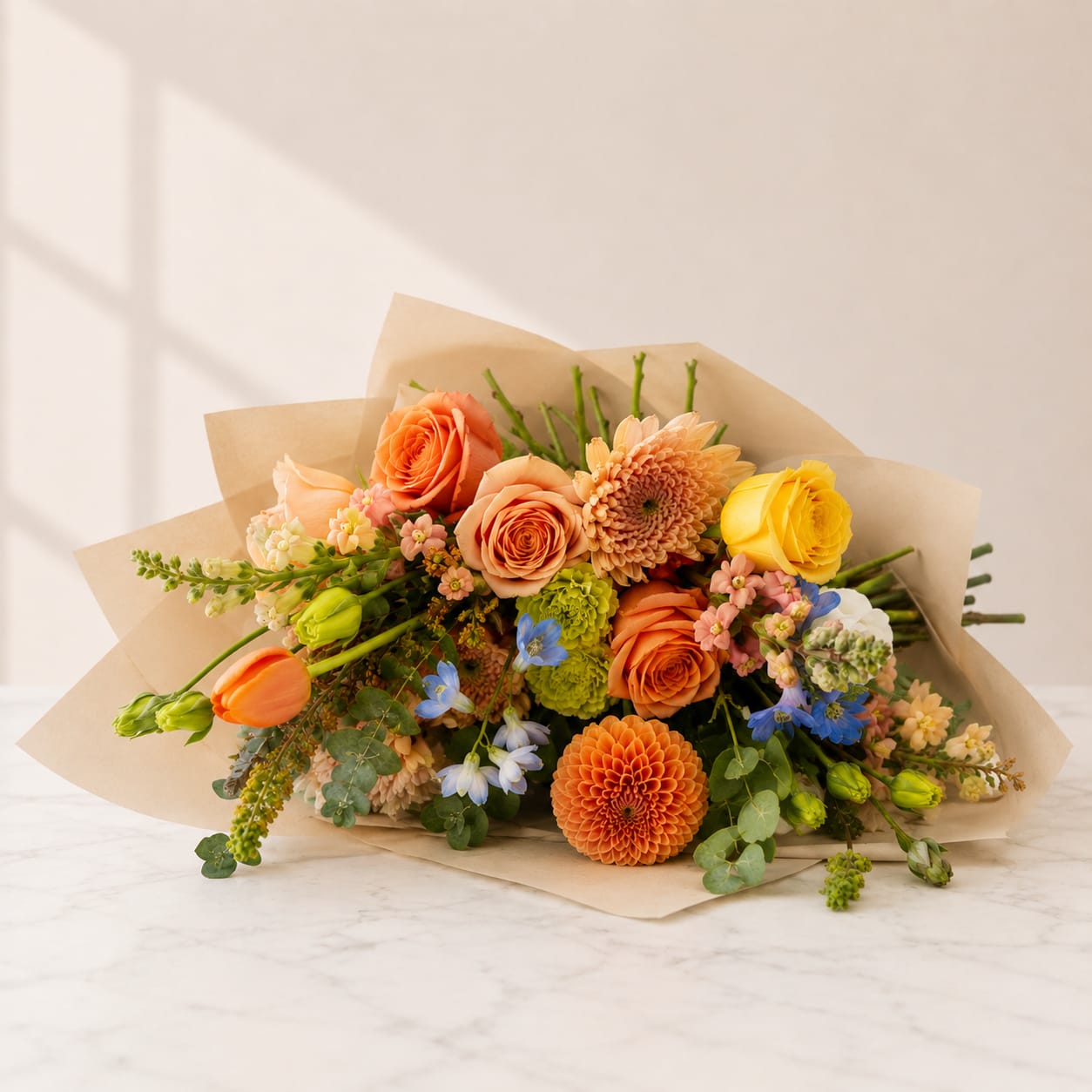 California Love Wrapped Bouquet  - Attracting attention with its vivacious color palette, the bouquet calls upon the warm embrace of California's sun-soaked landscapes. The lively oranges and joyful yellow exude a sense of playfulness and cheer, while the delicate tulips add a touch of elegance and grace. Combined with whimsical dahlias and the lively green lisianthus, this bouquet is a true masterpiece that captures the essence of nature's beauty. 