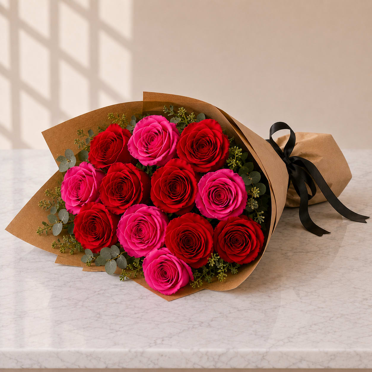 Flirt Alert – Rose Bouquet | Same-Day Flower Delivery Los Angeles - Turn up the charm with Flirt Alert, a playful and romantic bouquet featuring one dozen premium roses in a stunning mix of passionate reds and flirty pinks. Wrapped in elegant kraft paper and finished with a chic ribbon, this bouquet is designed to make hearts skip a beat. Perfect for anniversaries, birthdays, date nights, or sending a little “thinking of you” moment that leaves a lasting impression.  This modern rose bouquet blends bold romance with soft feminine energy, creating the perfect gift for someone special. Whether you're celebrating love, crushing hard, or simply making someone smile, Flirt Alert delivers all the feels.  Bouquet Details: 1 Dozen Premium Roses Mix of Red &amp; Hot Pink Roses Wrapped Bouquet Style Fresh Seasonal Greenery Handcrafted by Florists Perfect For: Romantic Gifts Anniversaries Birthdays Valentine’s Day Just Because Girlfriend or Wife Surprise  Available for same-day flower delivery in Los Angeles, including Glendale, Pasadena, Burbank, Eagle Rock, and surrounding areas.